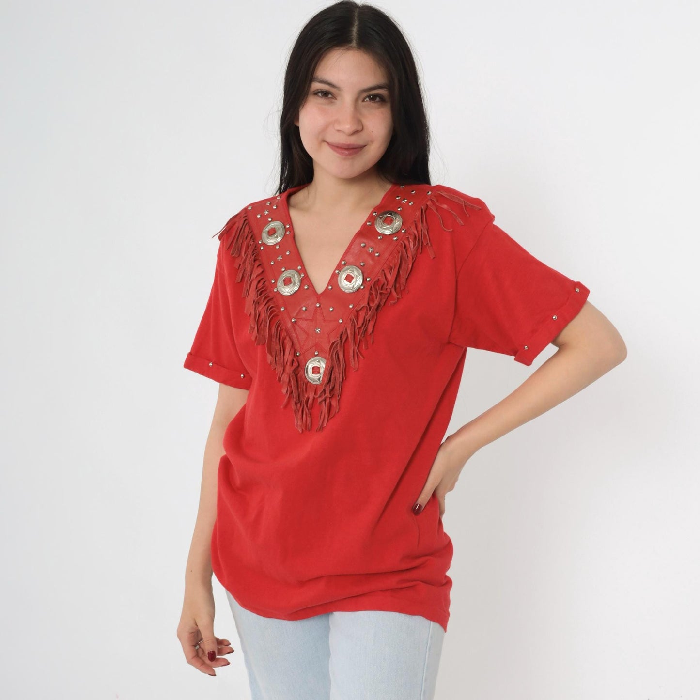 90s Pierre Pascal Red Leather Fringe Western T-Shirt Concho Stud V-Neck Medium