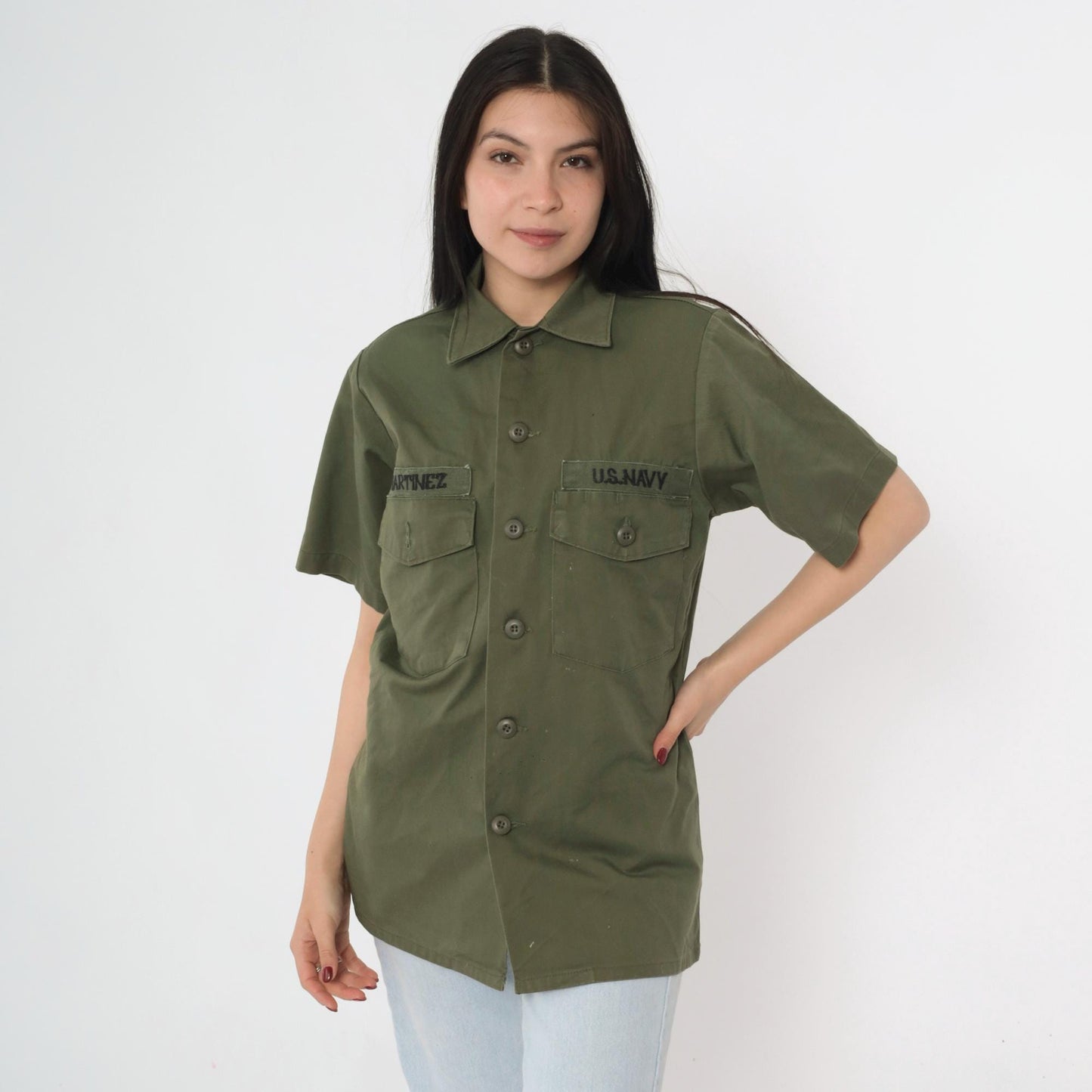 70s U.S. Navy Olive Green Cotton Twill Military Utility Shirt Small