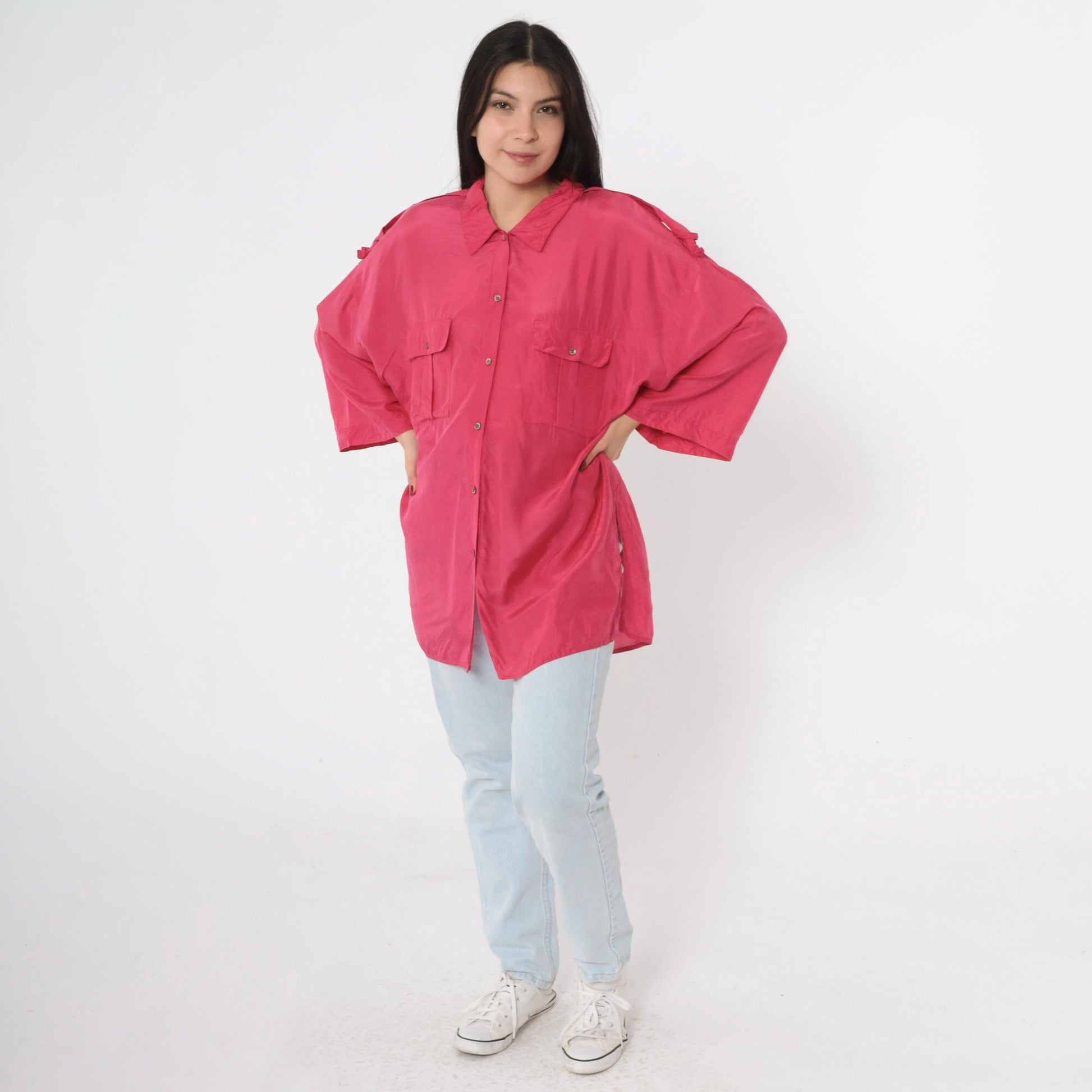 90s Pink Silk Button-Up Blouse Epaulet Chest Pockets Long Sleeve Large 14