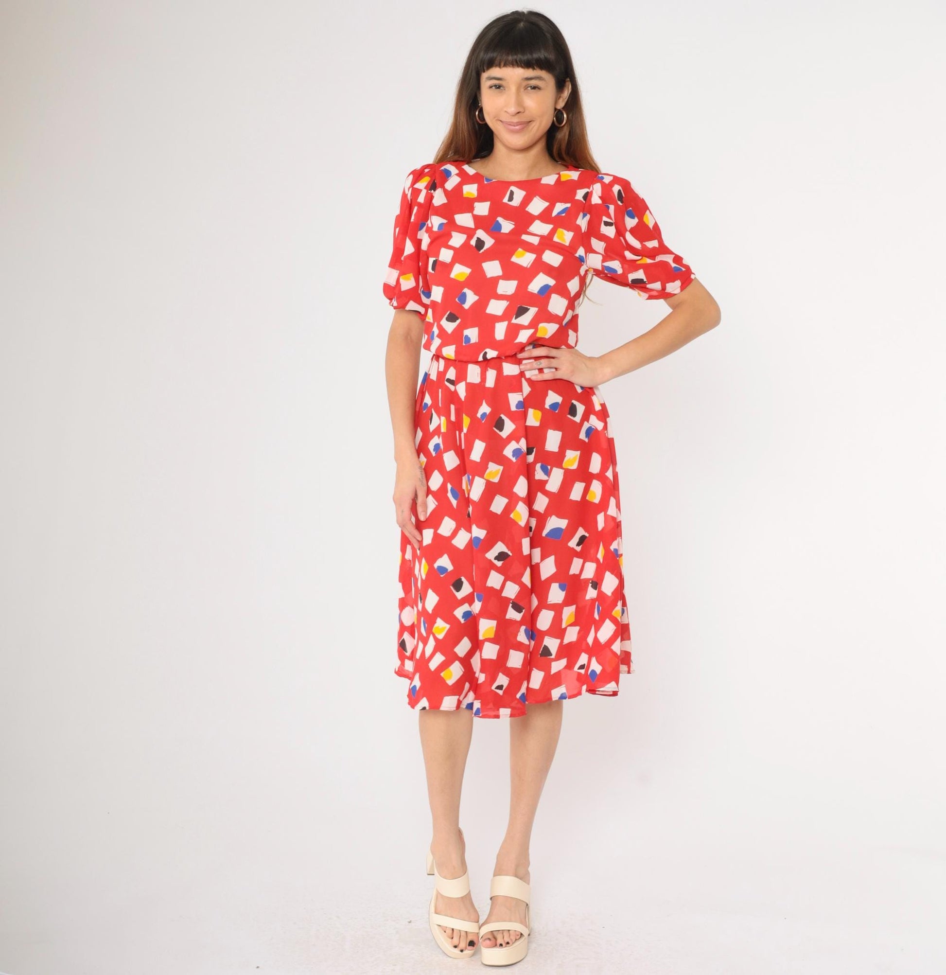 80s L Rothschild Red Abstract Geometric Midi Dress Puff Sleeve Medium