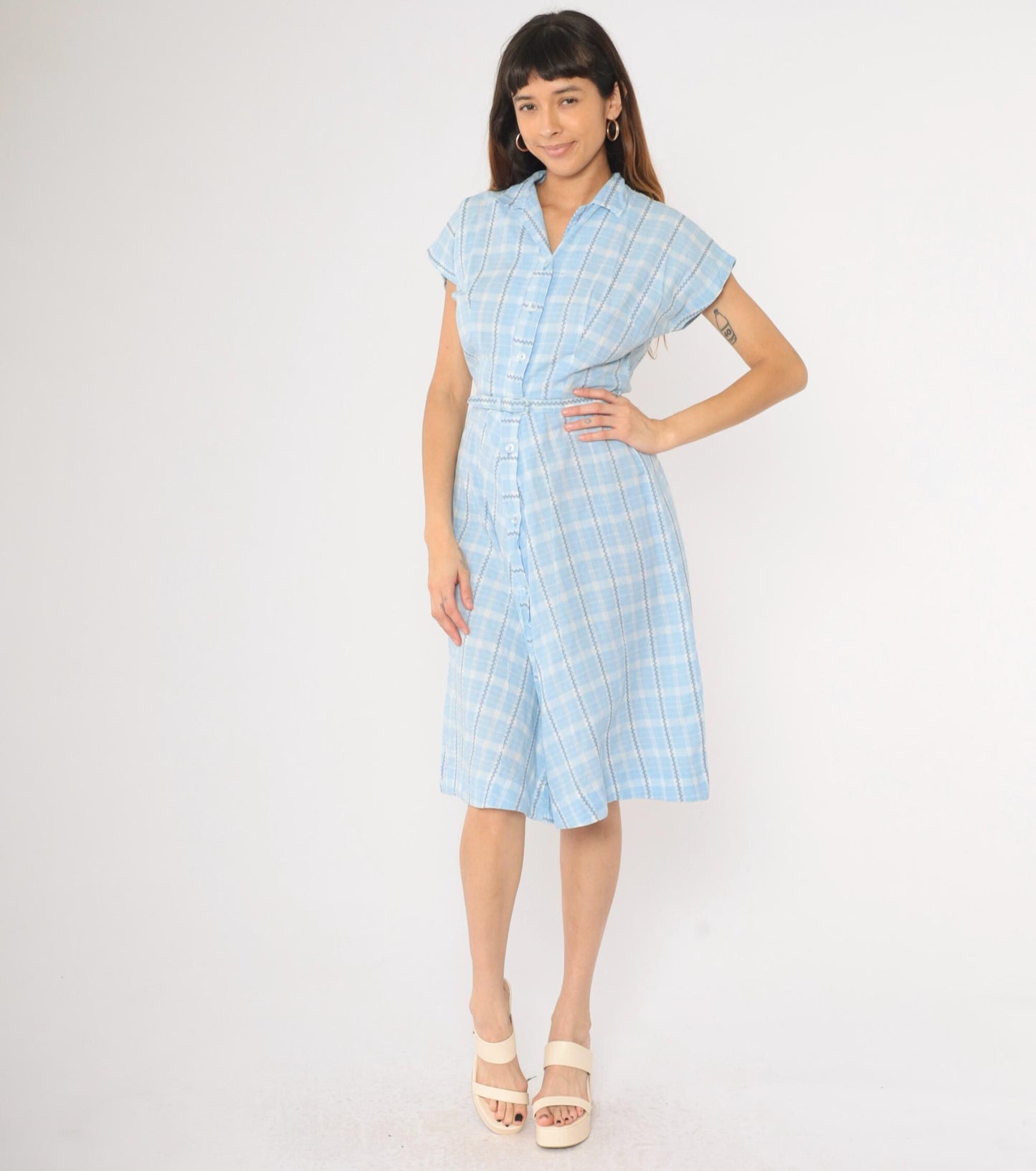 60s Brentwood Frocks Light Blue Plaid Shirtdress High Waist Button Front Small