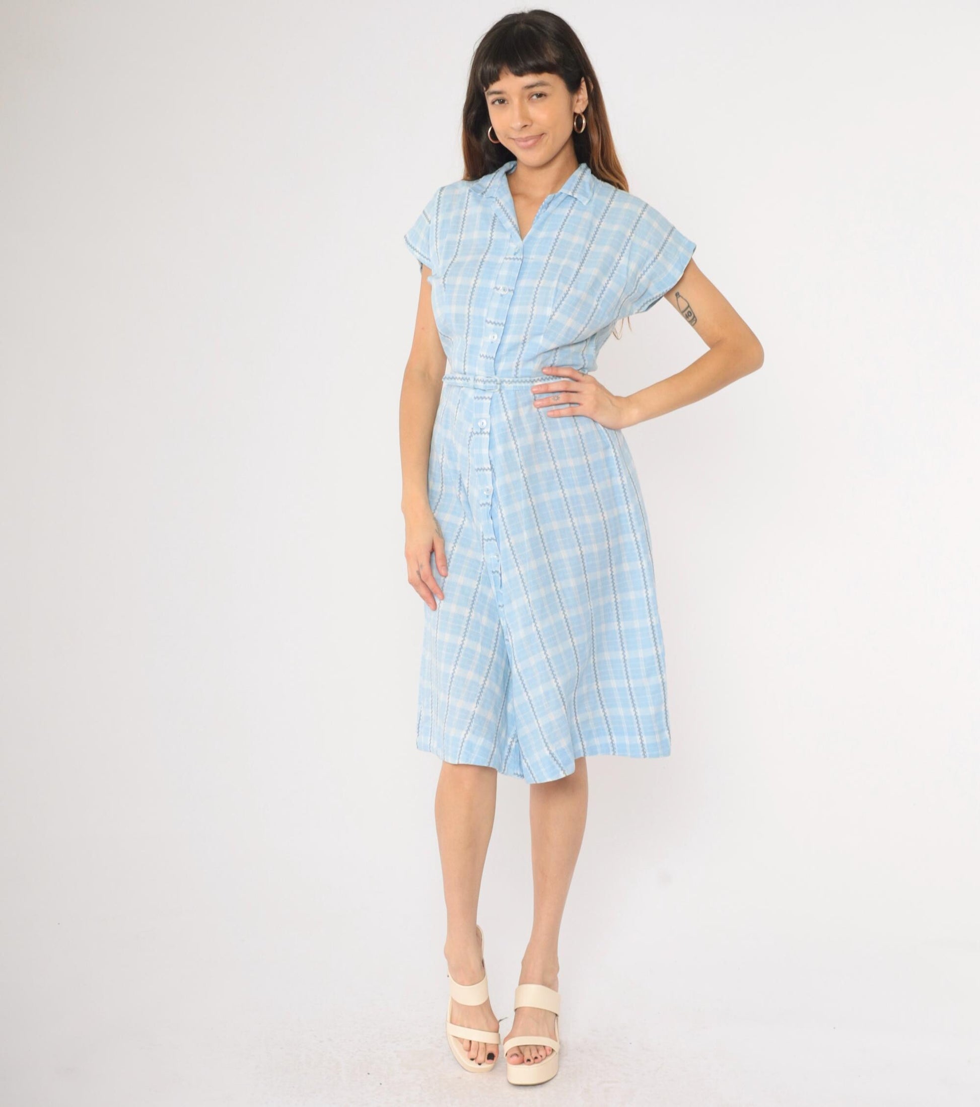 60s Brentwood Frocks Light Blue Plaid Shirtdress High Waist Button Front Small