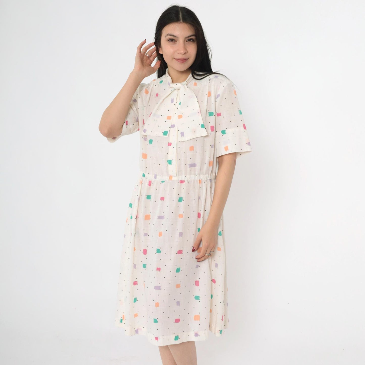 80s White Brushstroke Polka Dot Midi Shirtdress Ascot High Waist Large