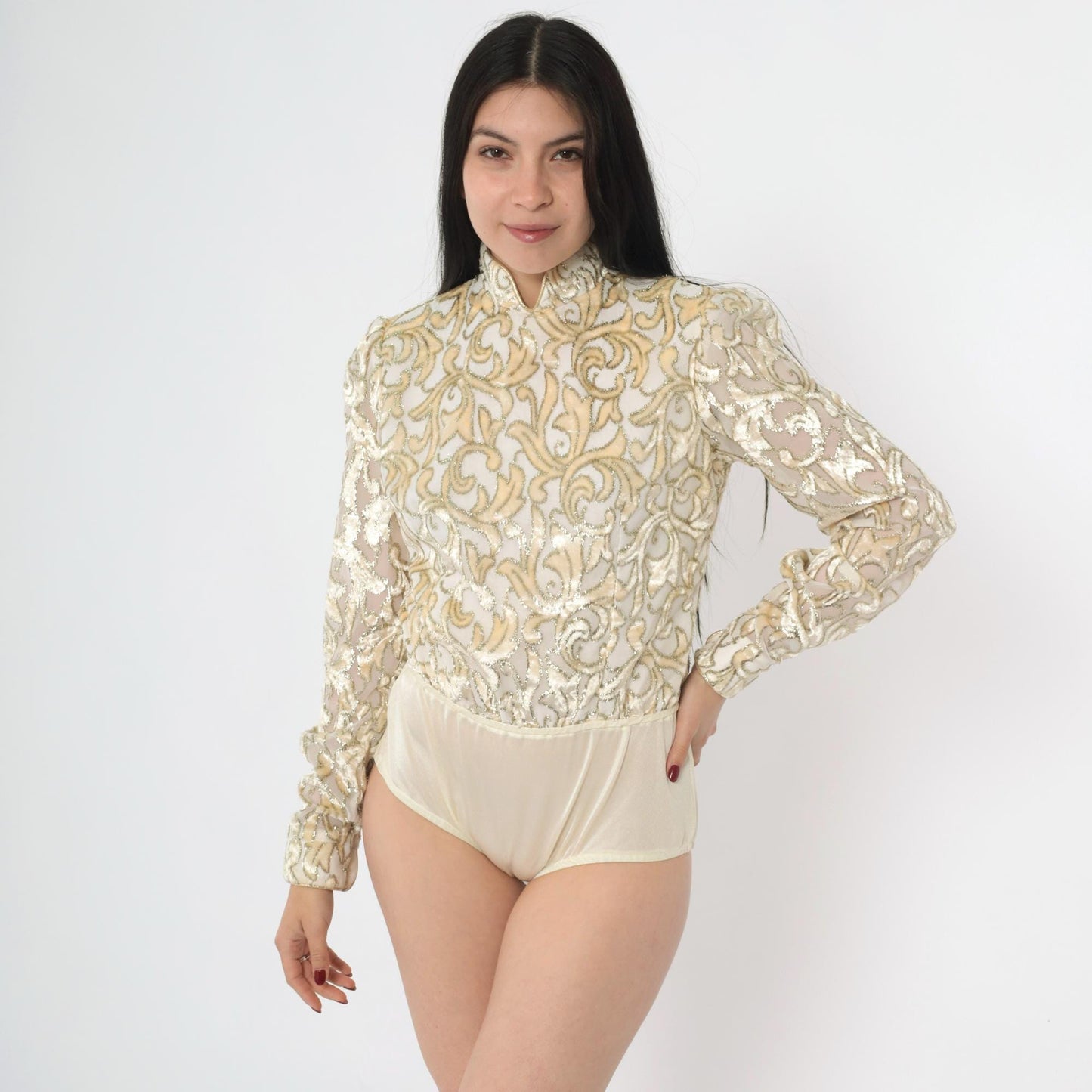 80s Metallic Velvet Burnout Bodysuit Ivory Gold Mandarin Collar Long Sleeve Extra Small