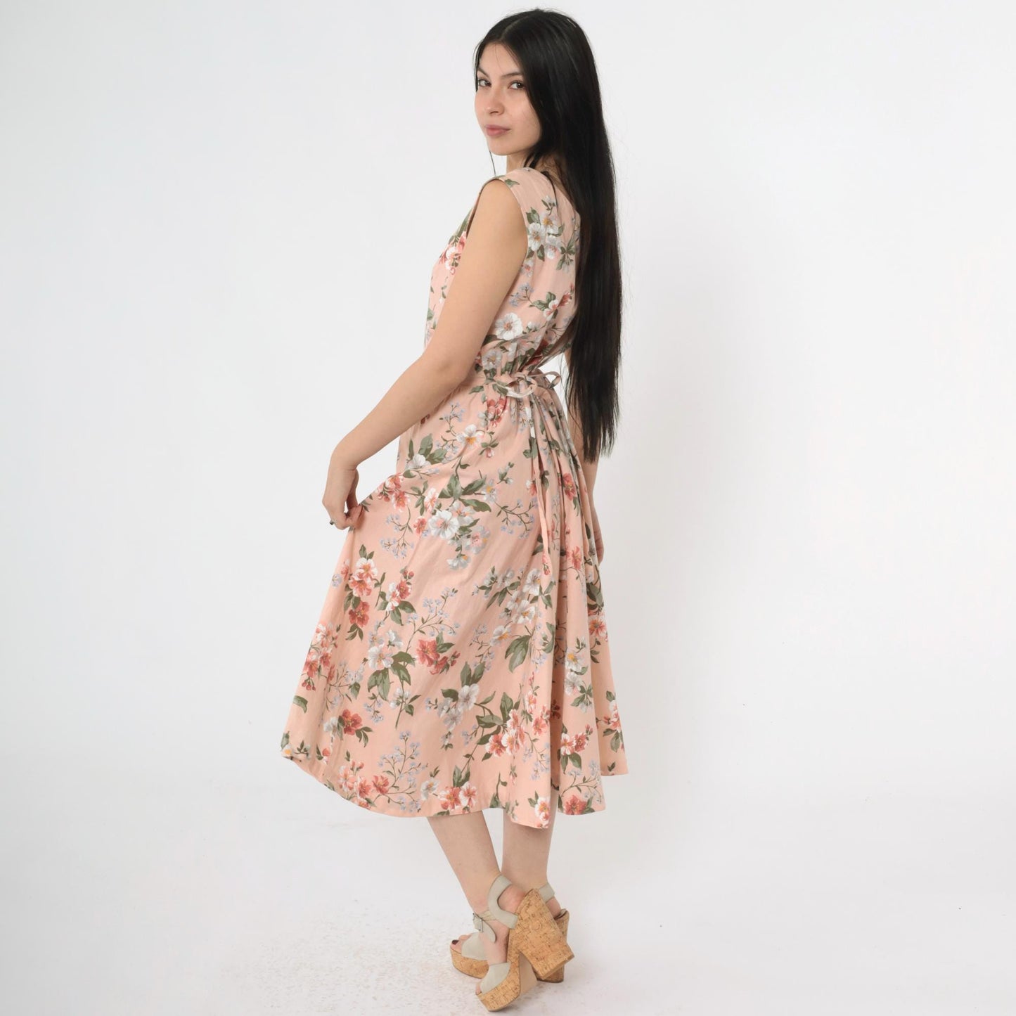 80s Pink Floral Midi Shirtdress Basque Waist Cap Sleeve Button Front Medium