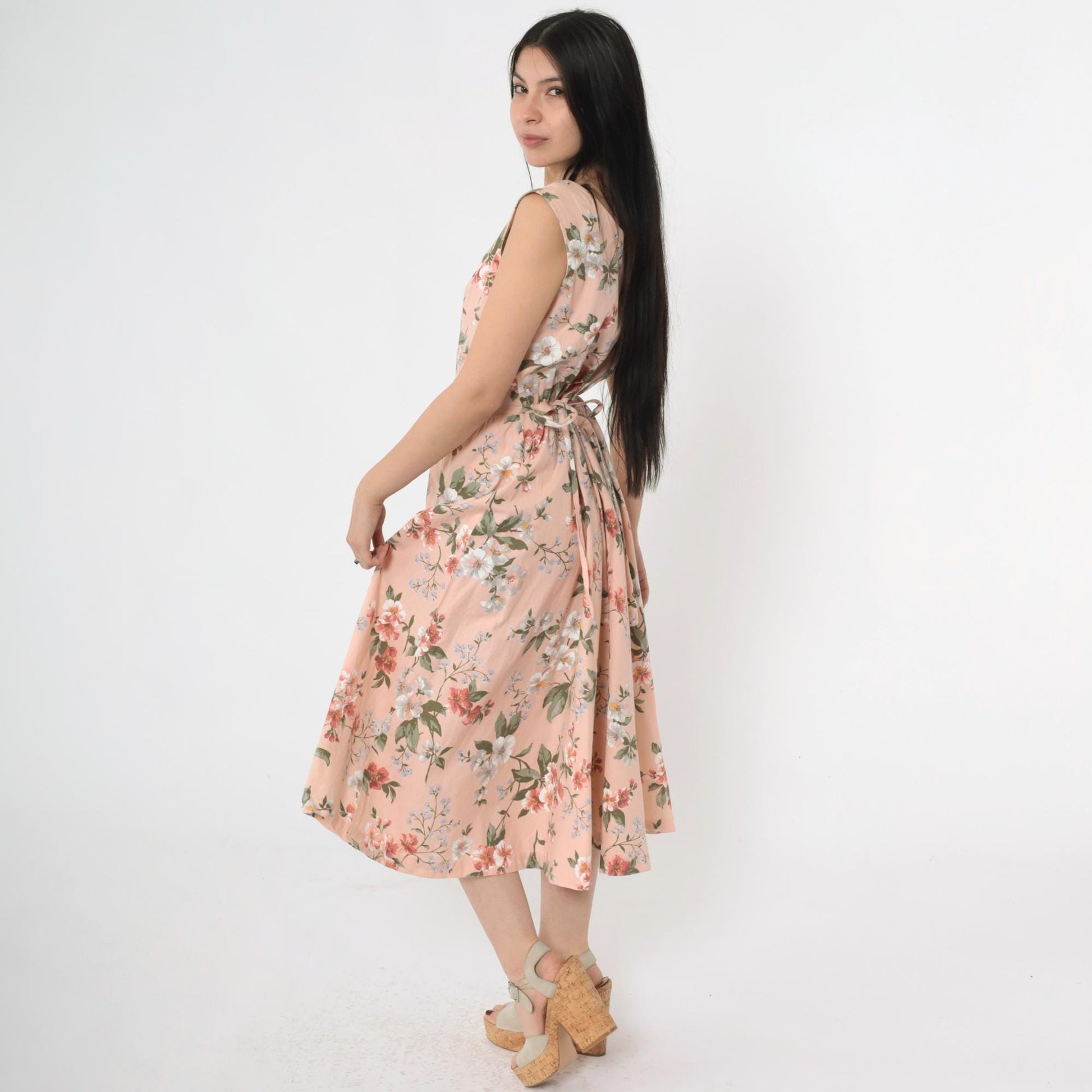 80s Pink Floral Midi Shirtdress Basque Waist Cap Sleeve Button Front Medium
