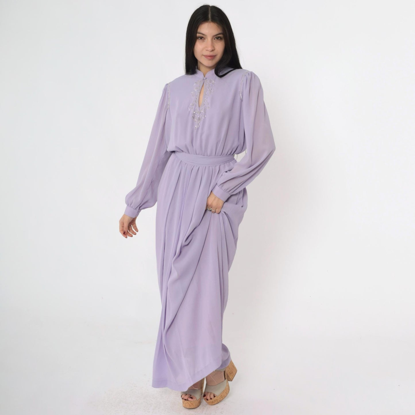 80s Lavender Chiffon Maxi Dress Beaded Sequin Puff Sleeve Mandarin Collar Medium M