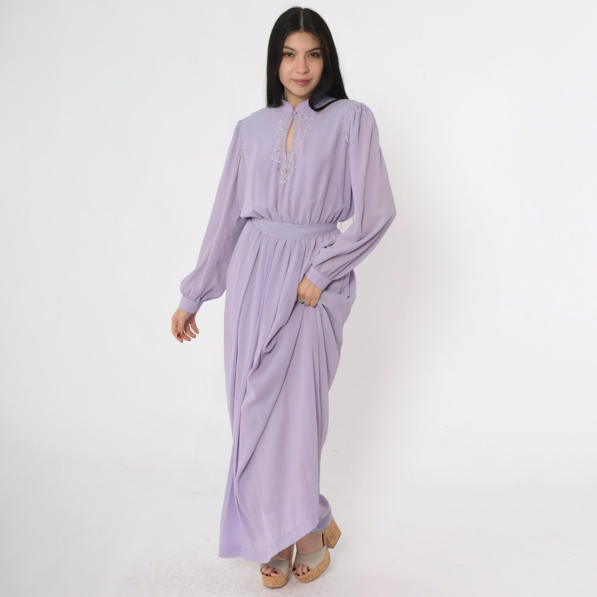 80s Lavender Chiffon Maxi Dress Beaded Sequin Puff Sleeve Mandarin Collar Medium M