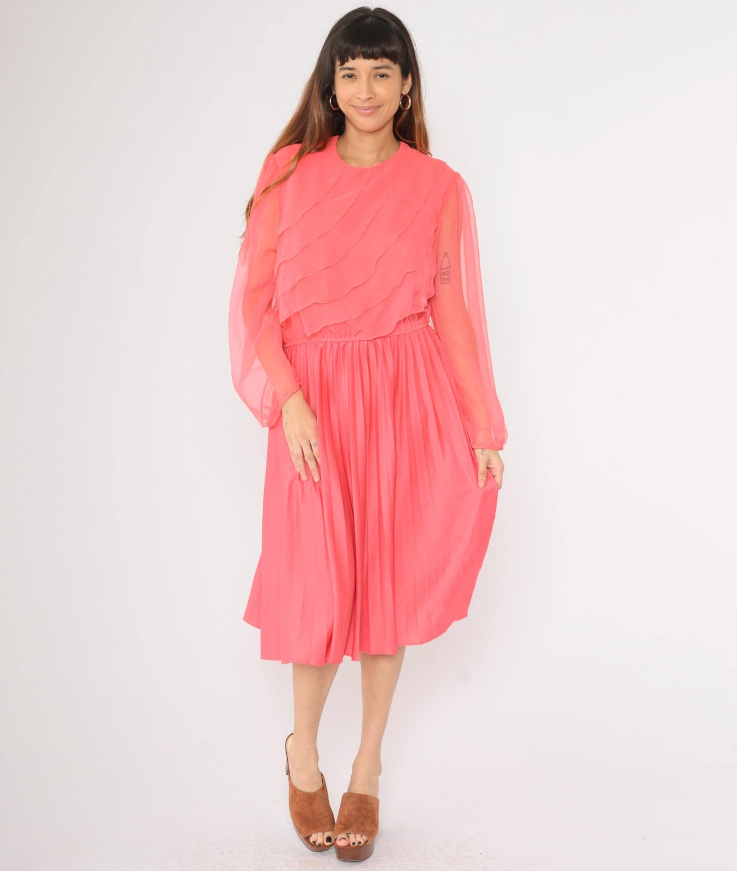 80s Coral Pink Chiffon Midi Dress Puff Sleeves Ruffled Bodice Large L
