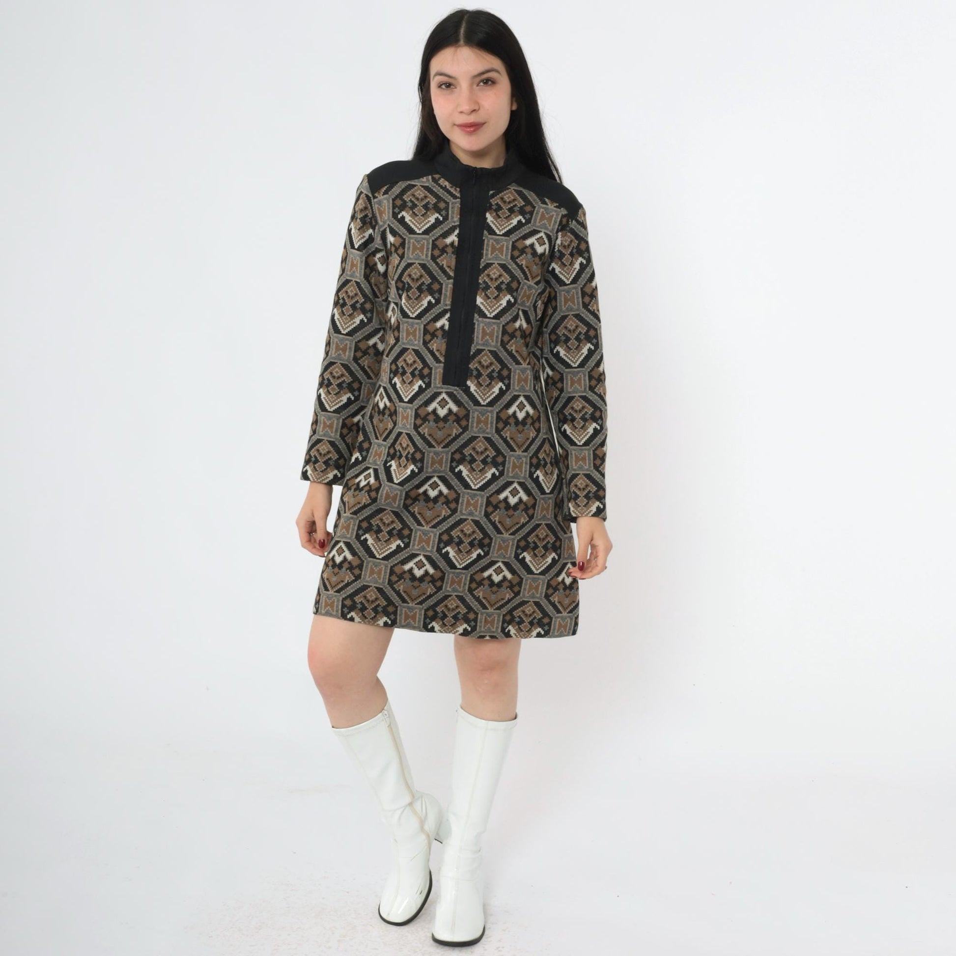 70s Mod Shift Dress Geometric Print Mock Neck Mini Black Brown Medium