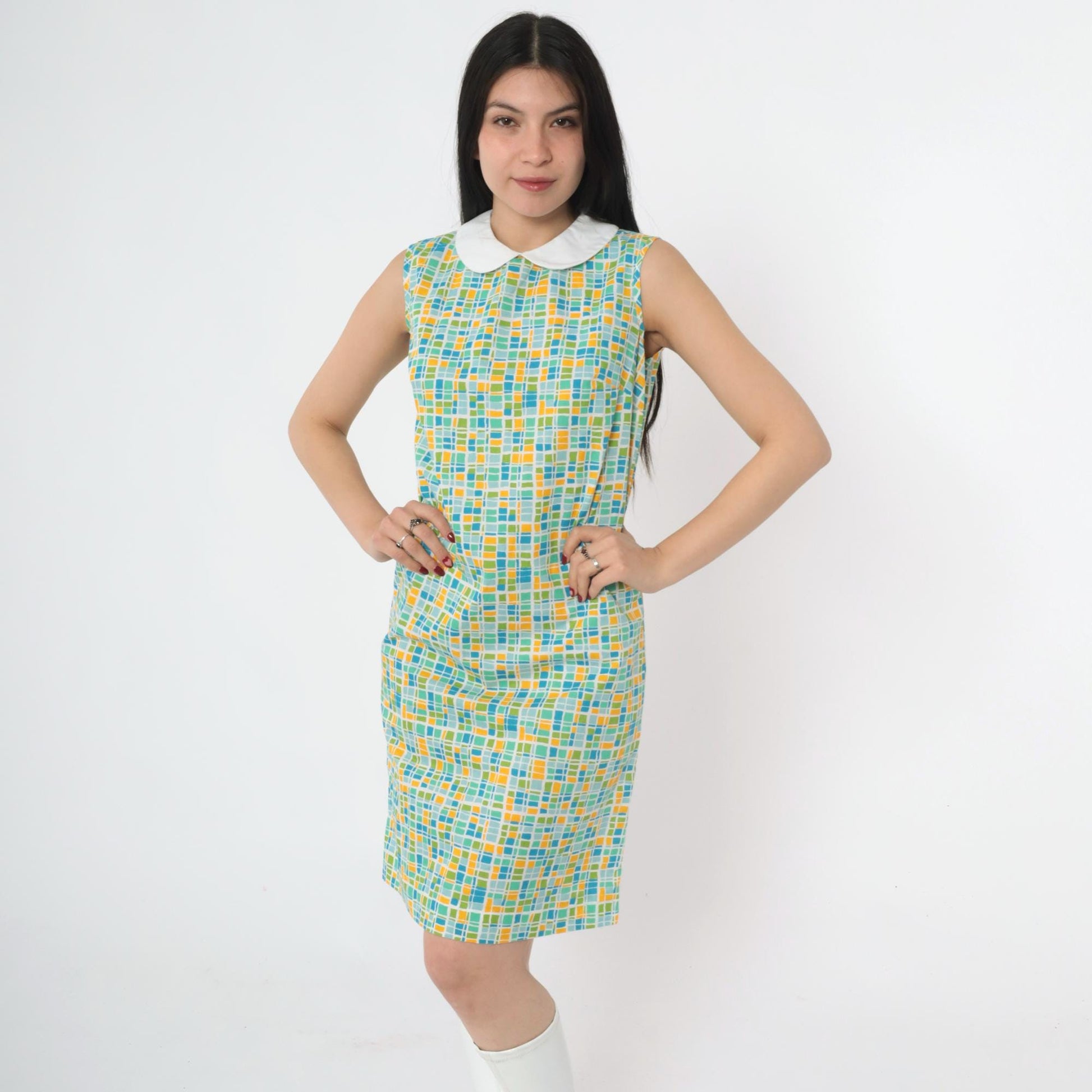 60s Mod Geometric Mini Dress Peter Pan Collar Sleeveless Green Blue Small