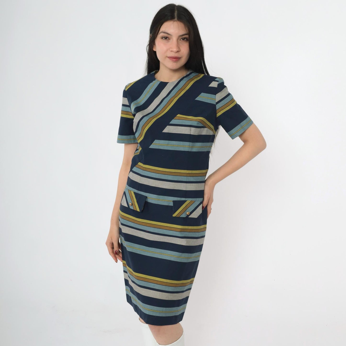 60s Striped Shift Dress Navy Blue Green Grey Mod Crew Neck Small S