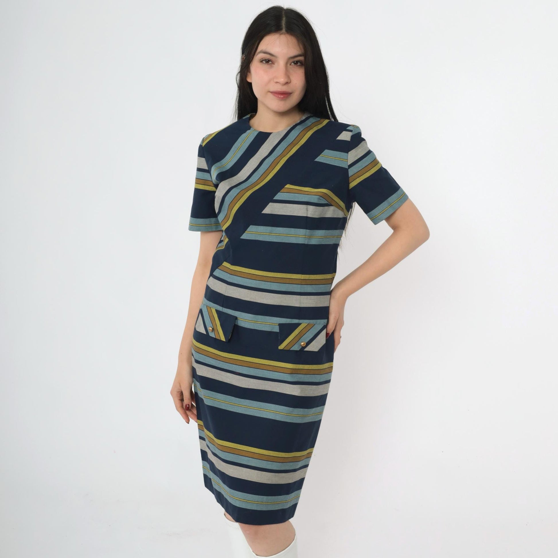 60s Striped Shift Dress Navy Blue Green Grey Mod Crew Neck Small S