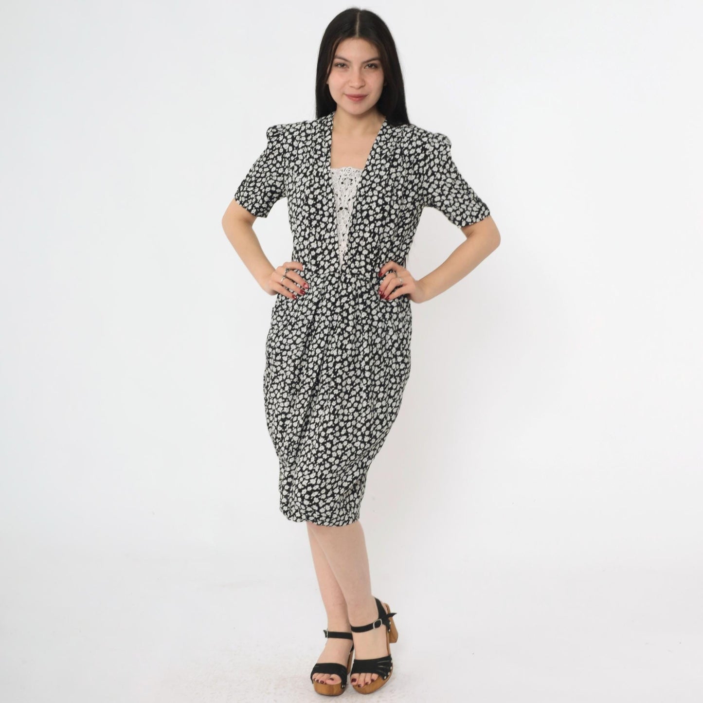 90s Karin Stevens Black Floral Midi Dress Puff Sleeve Lace V-Neck Small
