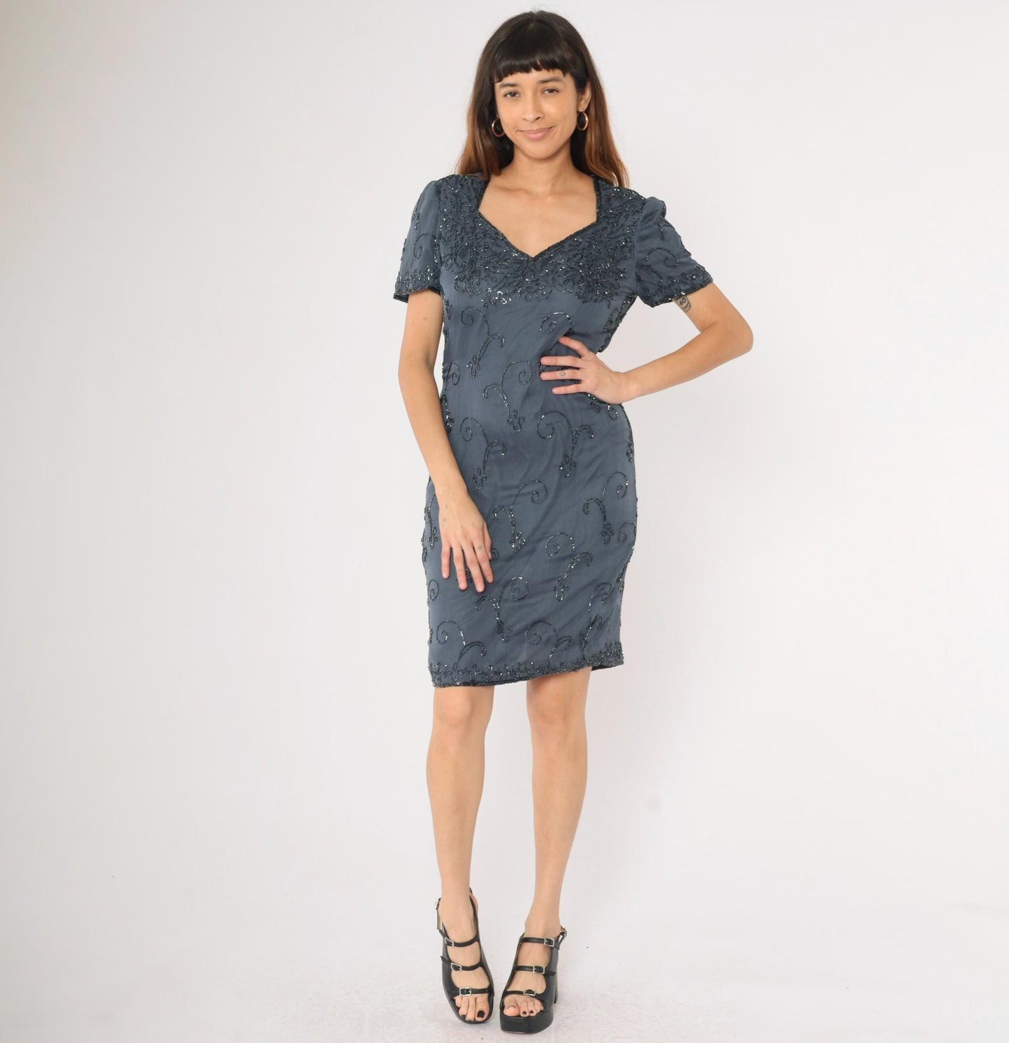 90s JMD New York Grey Silk Beaded Sheath Dress Sweetheart Neckline Small S
