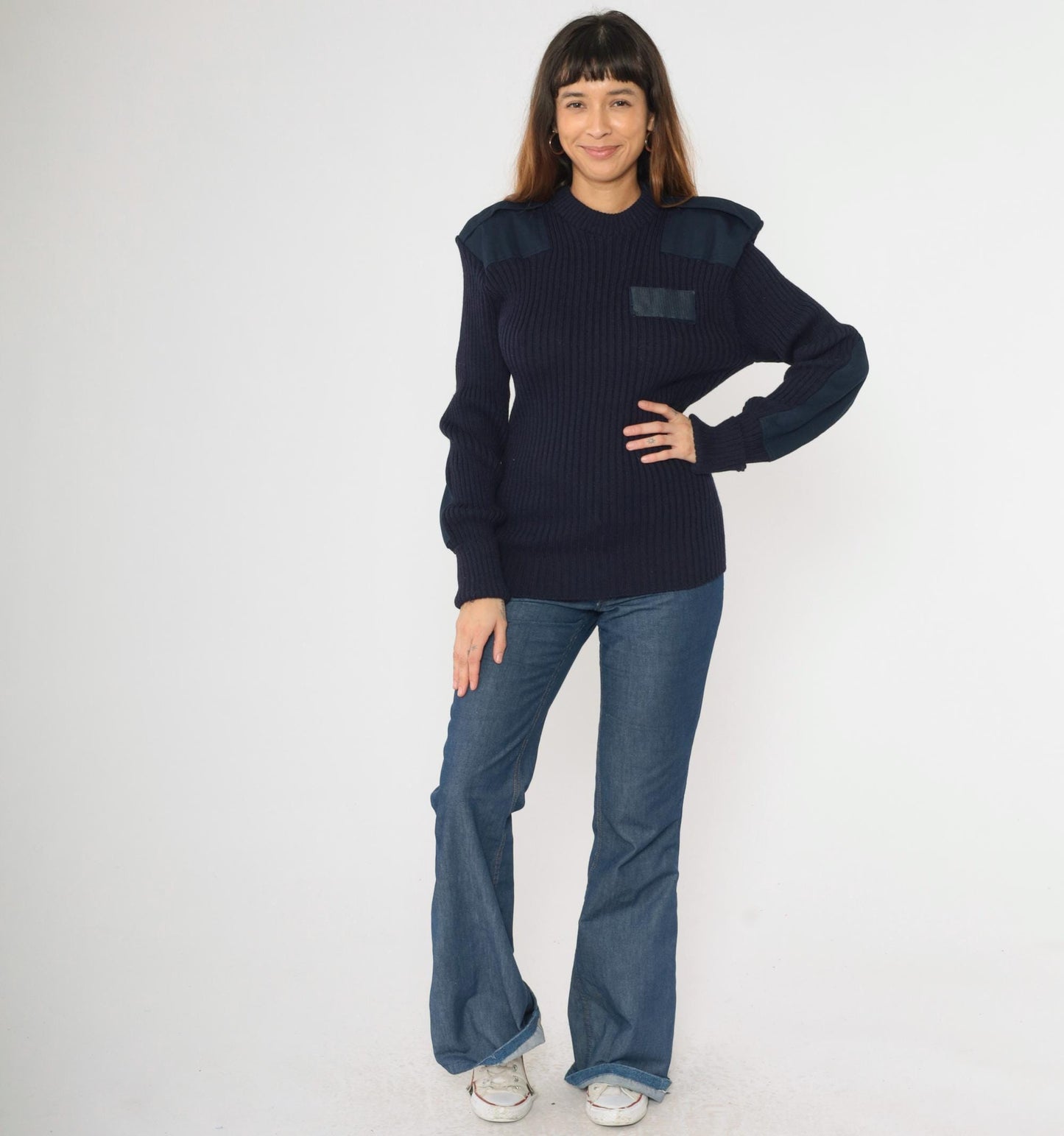 80s Imperial Knitting Co Military Wool Sweater Navy Epaulettes Large