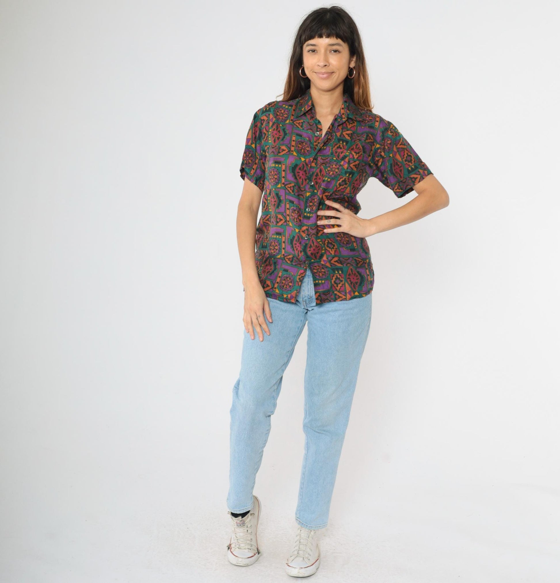 90s Robert Stock Silk Button Up Geometric Print Purple Green Short Sleeve Extra Small