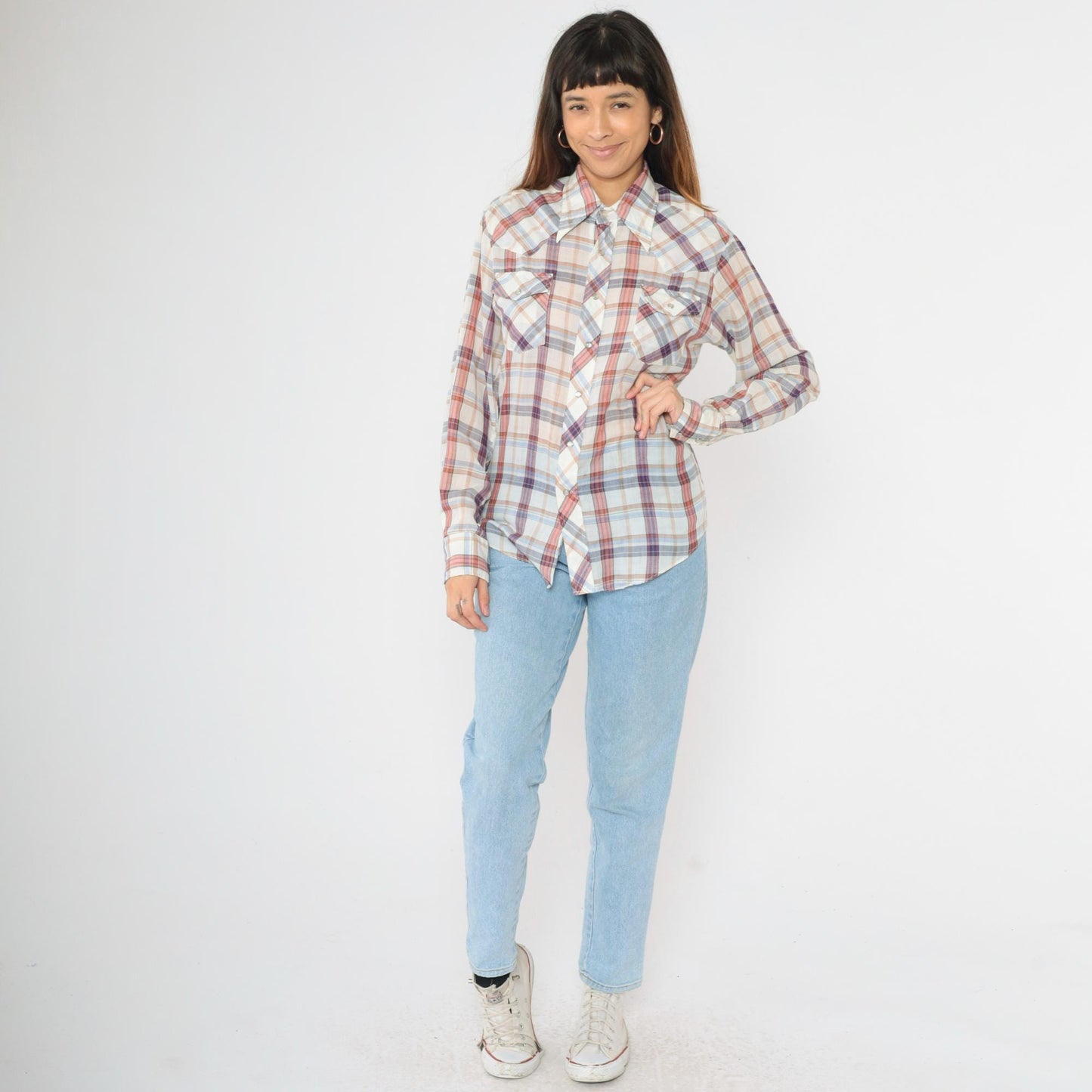 70s Western Pearl Snap Shirt Plaid White Red Blue Dagger Collar Men's Small