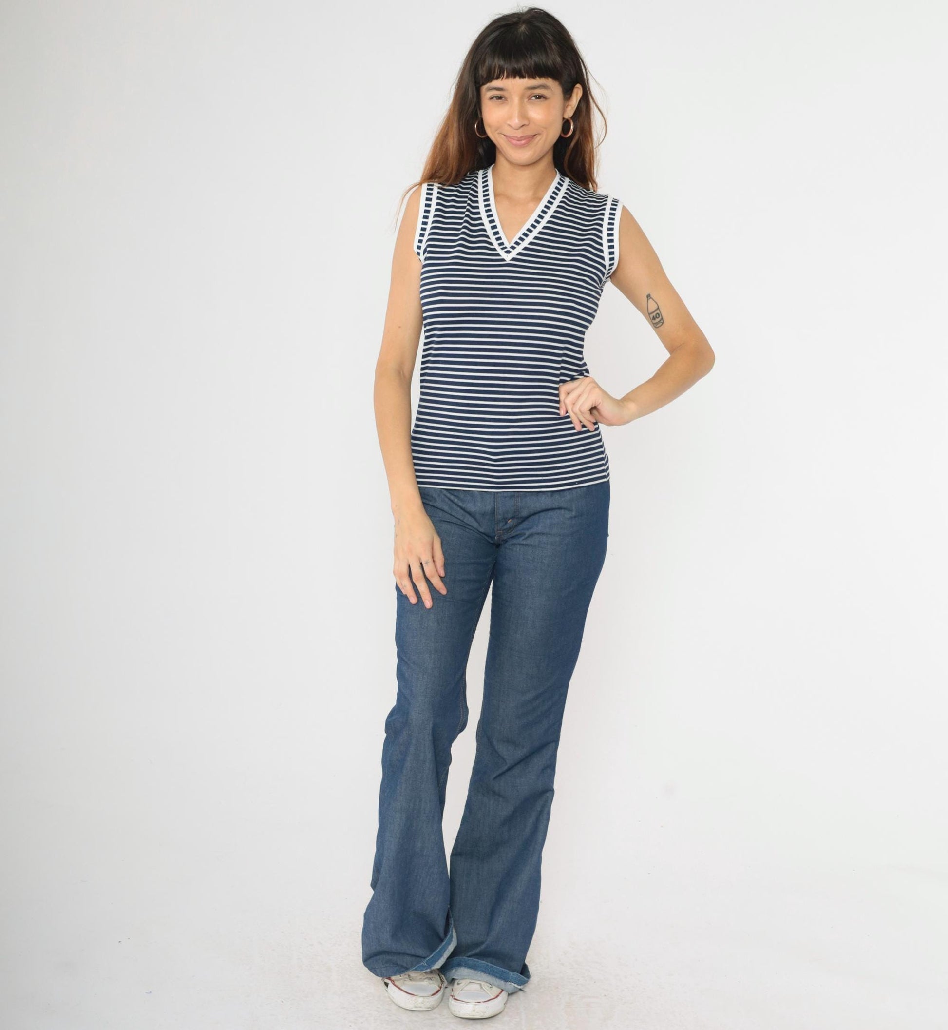 80s Kmart Navy Striped Tank Top V-Neck Ringer Tee White Small