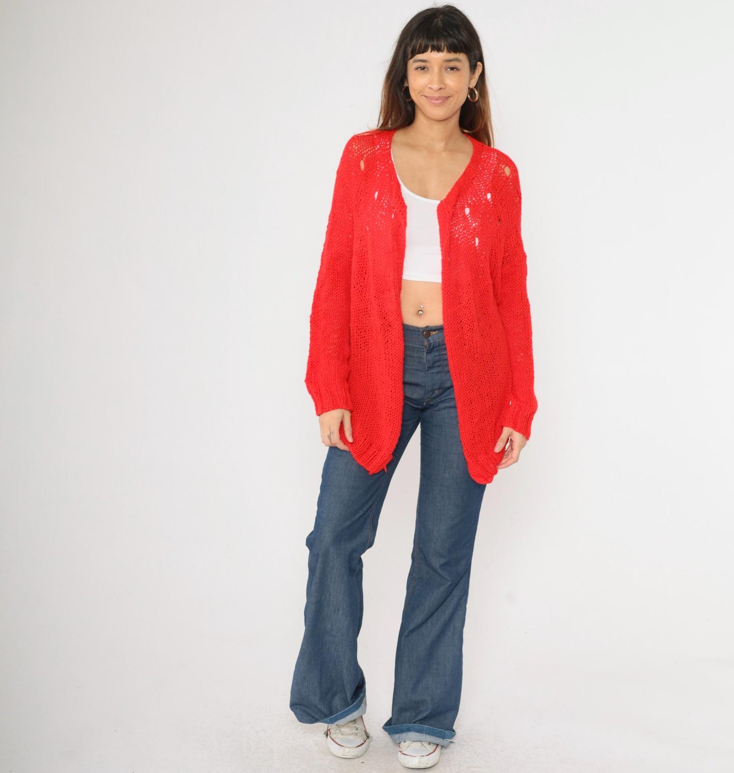 70s Red Cardigan Sweater Open Weave Sheer Knit Long Sleeve Large