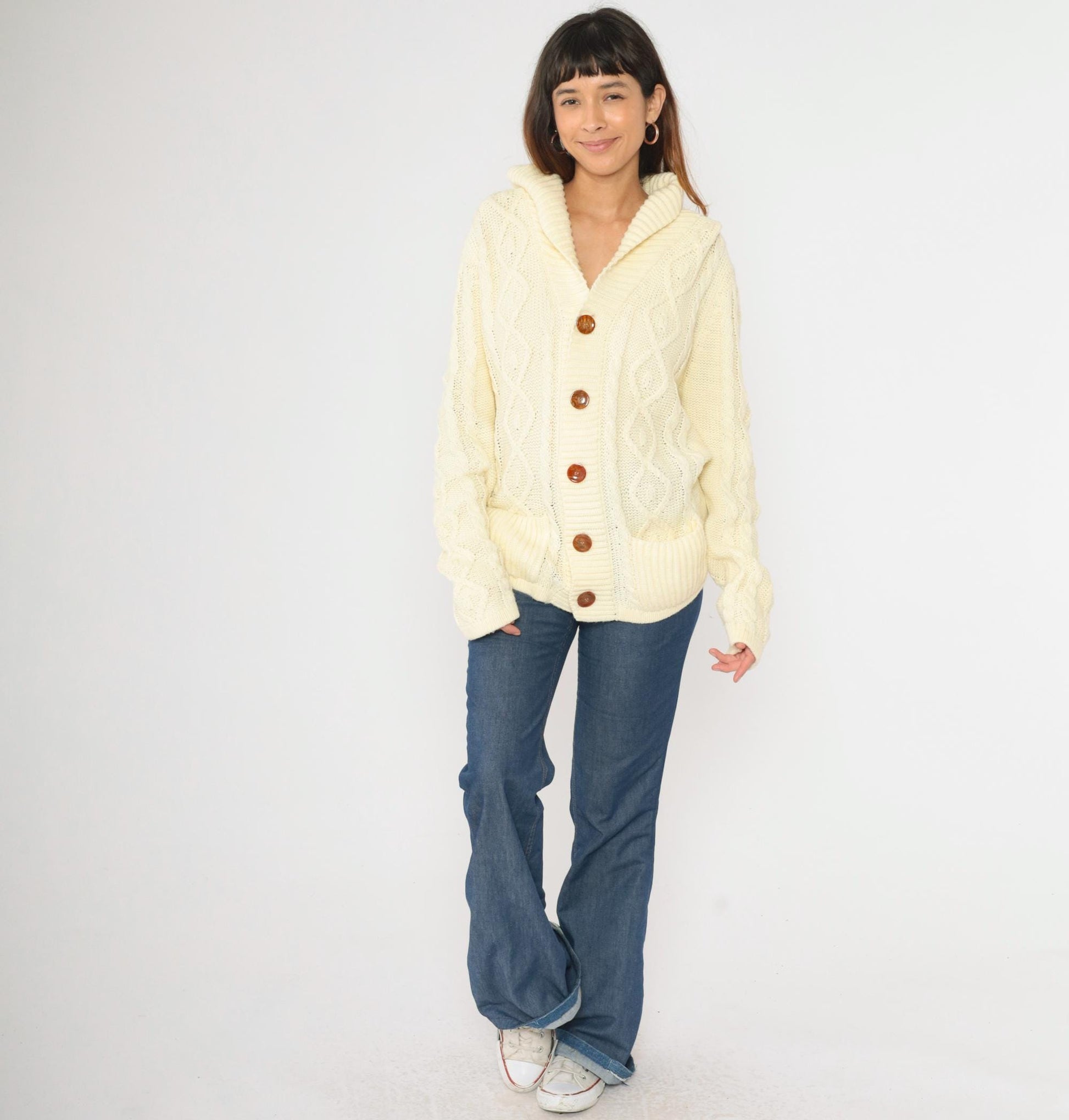 70s Richman Brothers Cable Knit Cardigan Cream Shawl Collar Medium