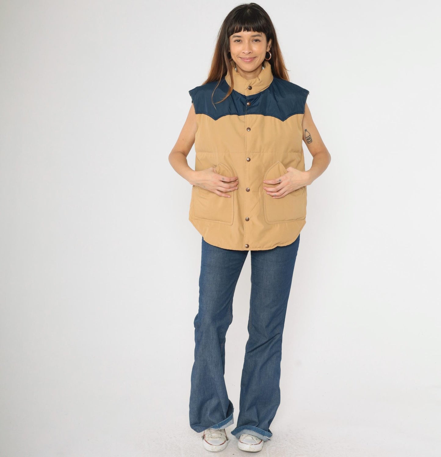 80s Goose Down Puffer Vest Tan Navy Yoke Colour Block Ski Sleeveless Large L