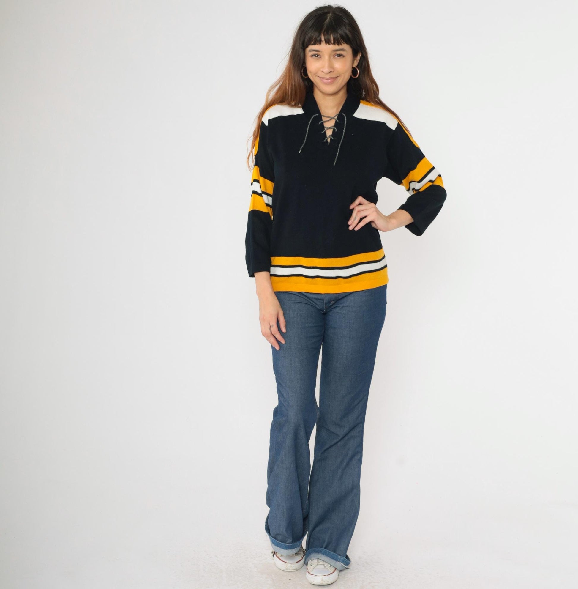 70s Franklin Hockey Jersey Sweater Black Gold Striped Lace-Up Large L