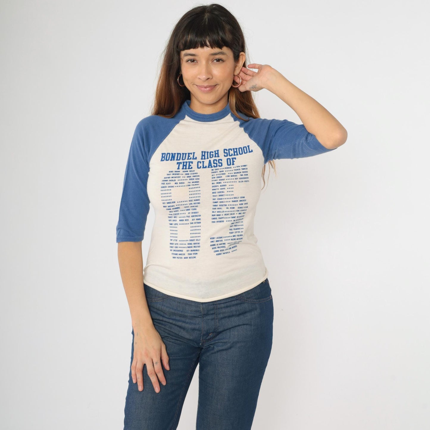 80s Bonduel High School Class of 1985 Raglan Baseball Tee Blue White Graphic Small