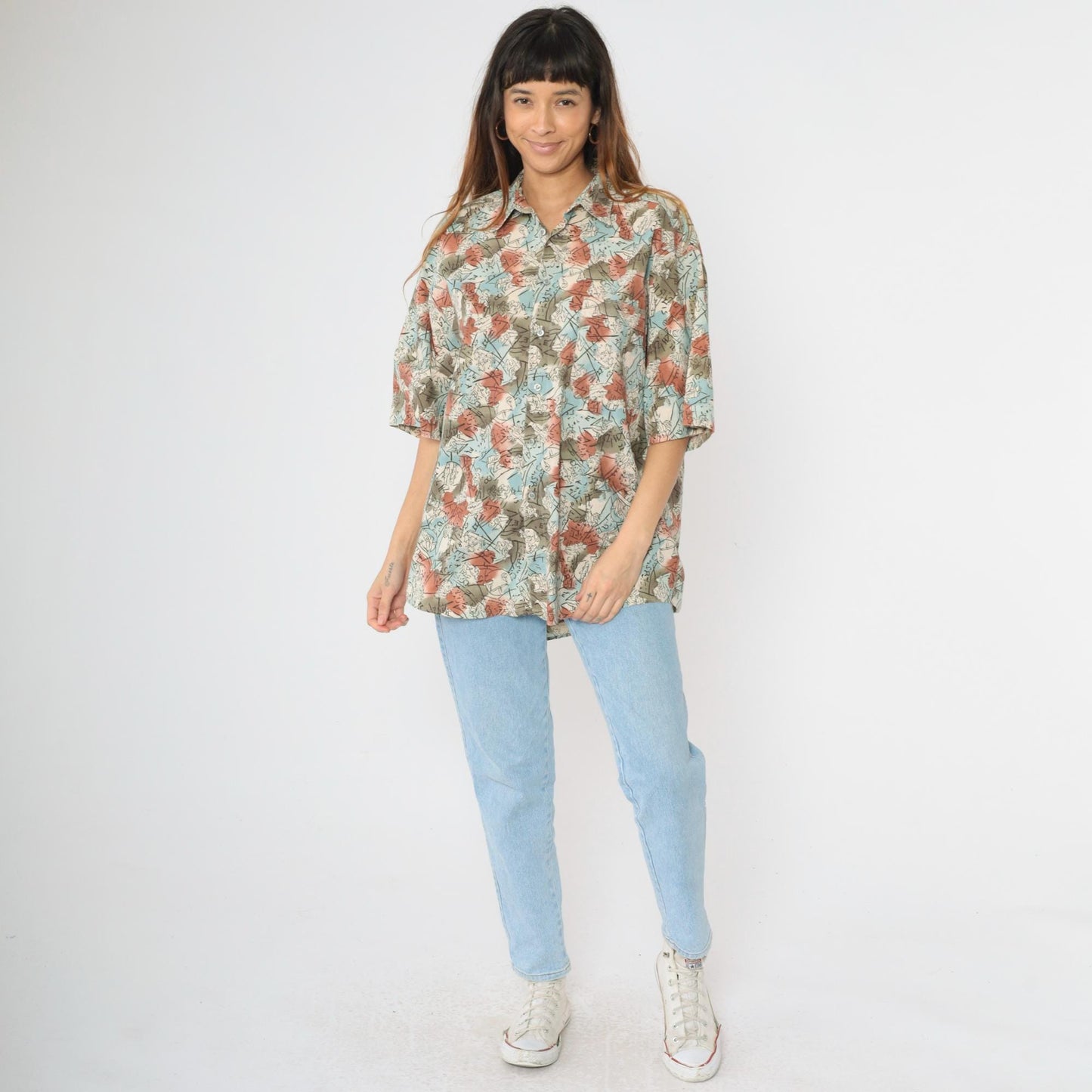 90s Dockers Zodiac Print Button Up Shirt Olive Green Blue Cotton Large L