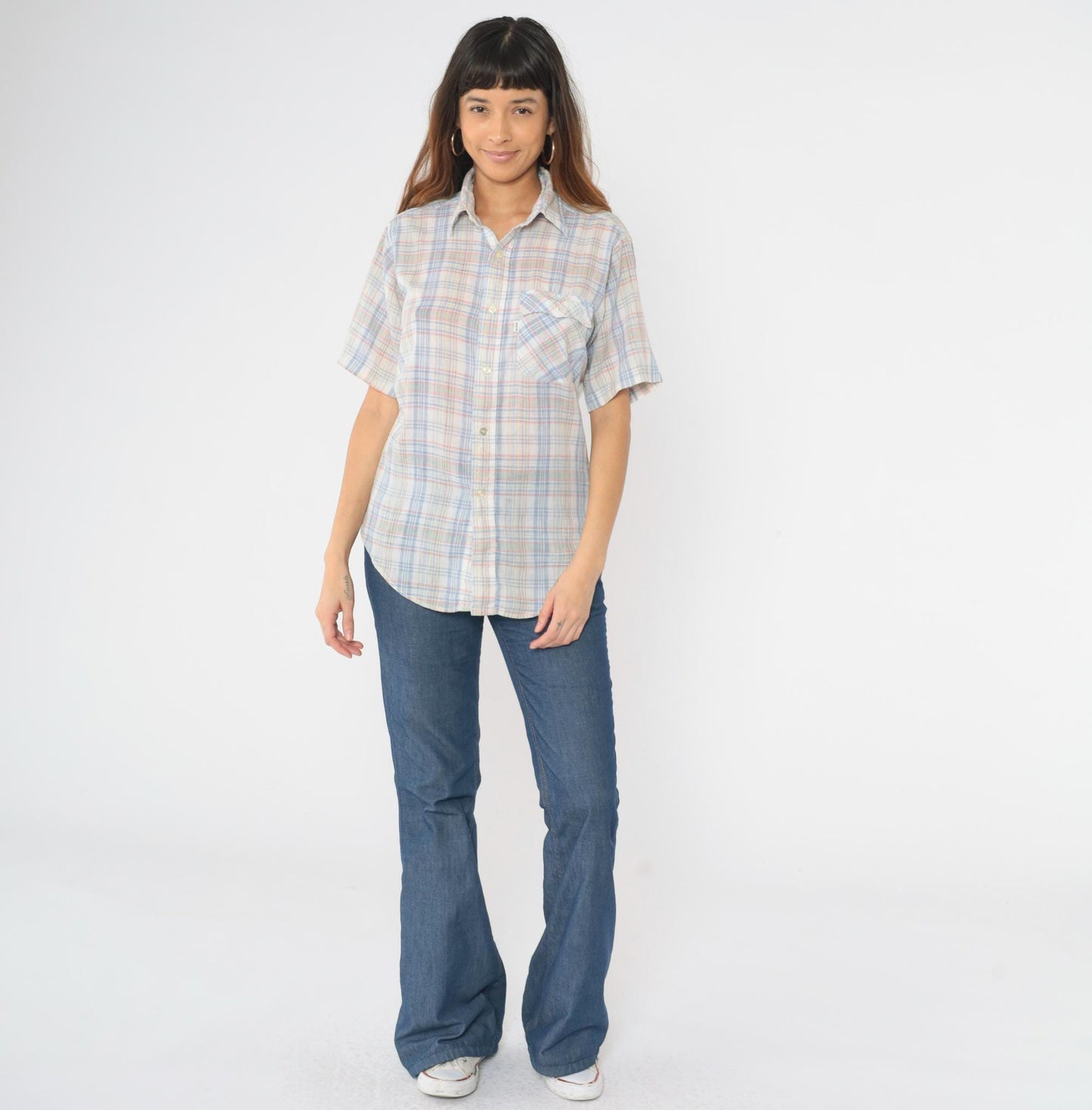 80s Levi's Plaid Button-Up Shirt White Blue Red Checkered Short Sleeve Medium