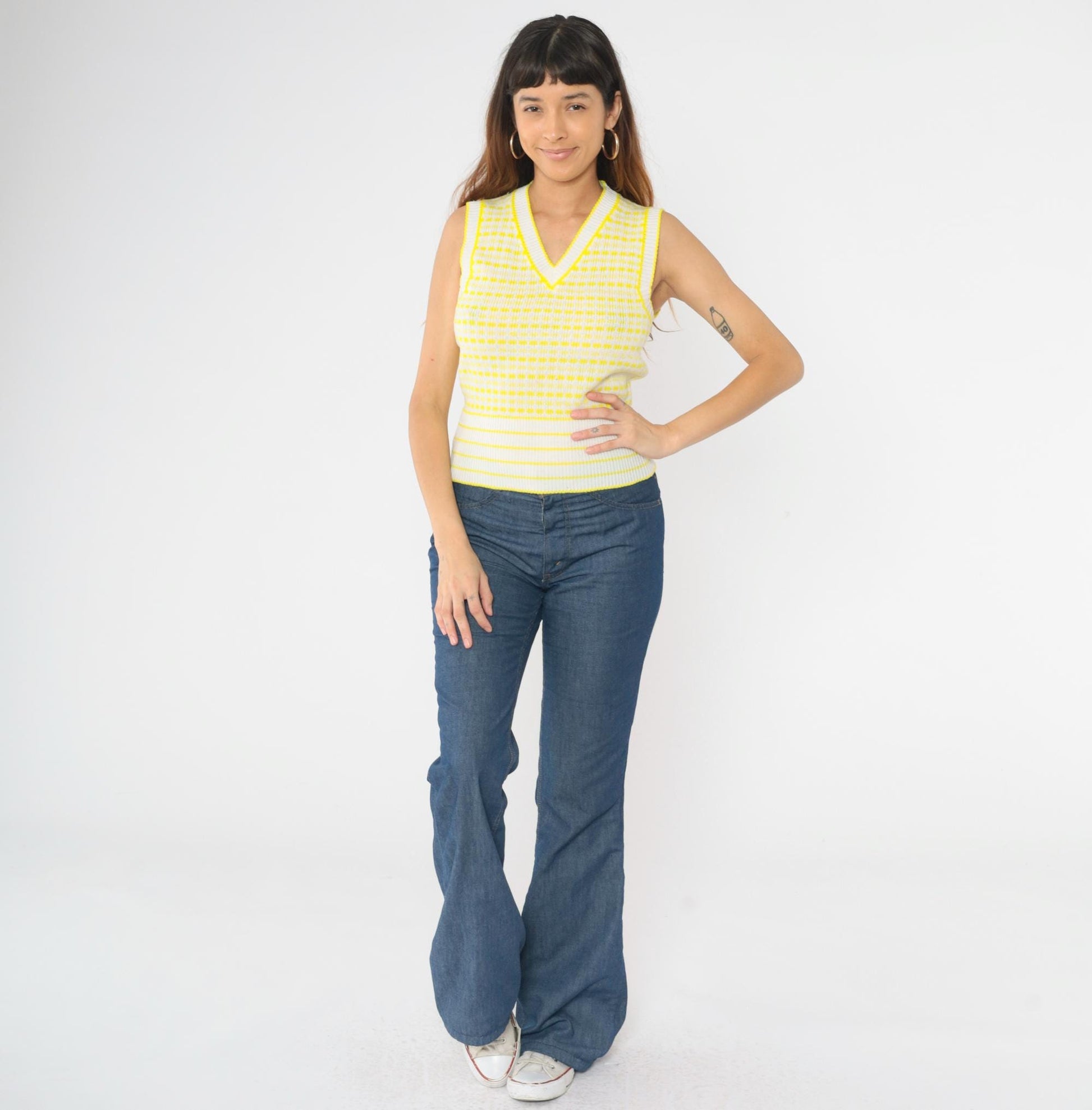 70s Sweater Vest White Yellow Striped Square Print V-Neck Pullover Small