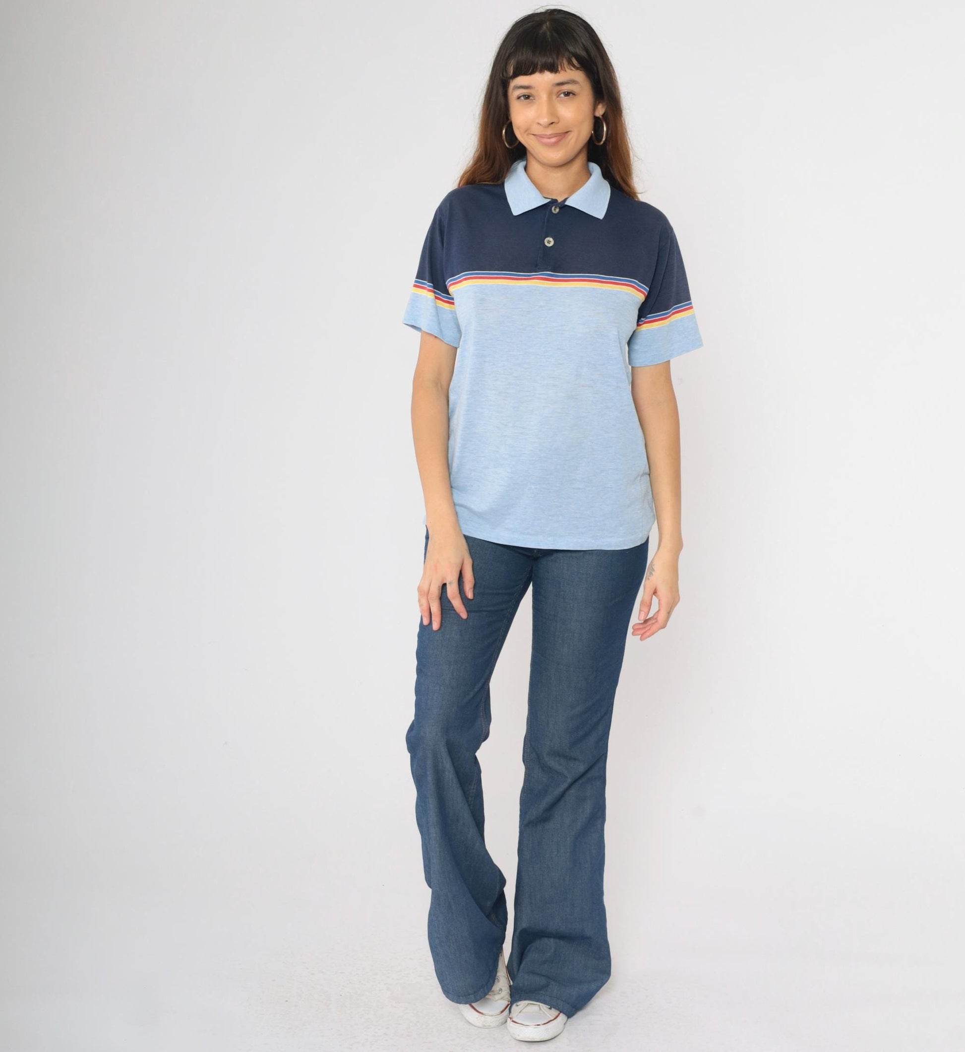 80s Campusport Polo Shirt Baby Blue Navy Colour Block Striped Medium