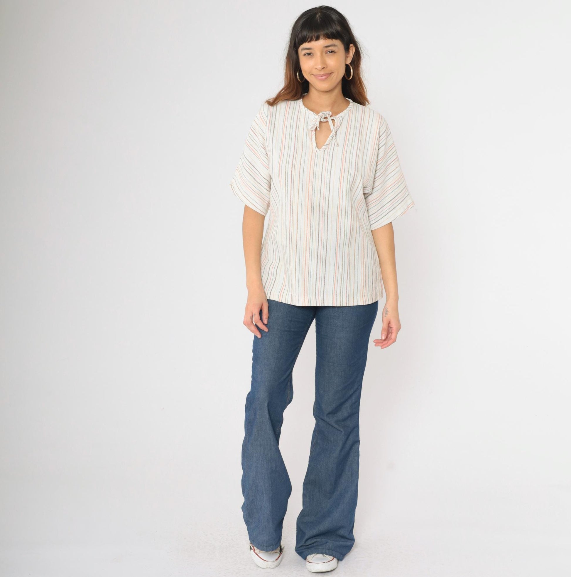 70s Striped Tunic Top White Keyhole Tie Neck Short Sleeve Small