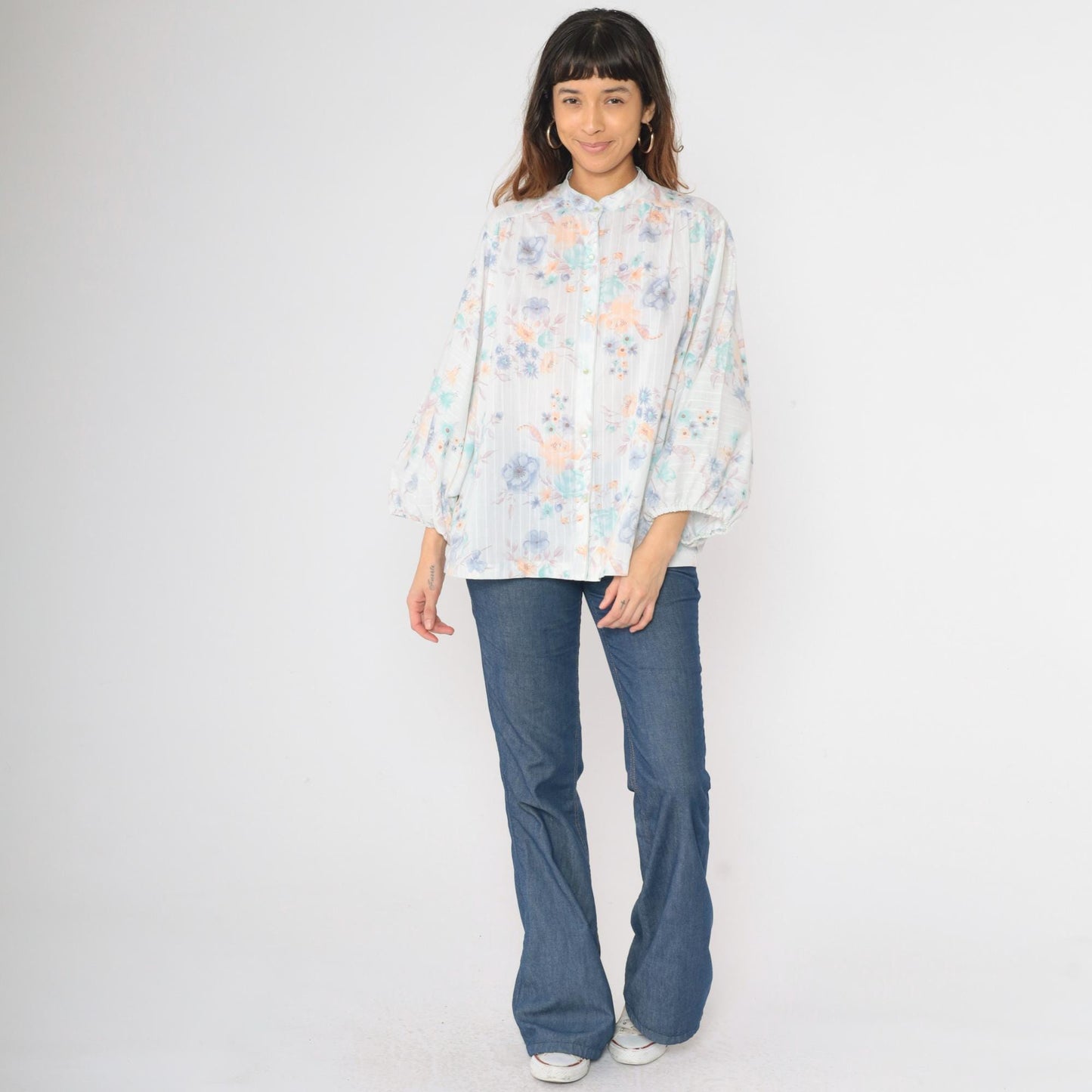 70s Pastel Floral Mandarin Collar Blouse Batwing Sleeve Button Up Large L
