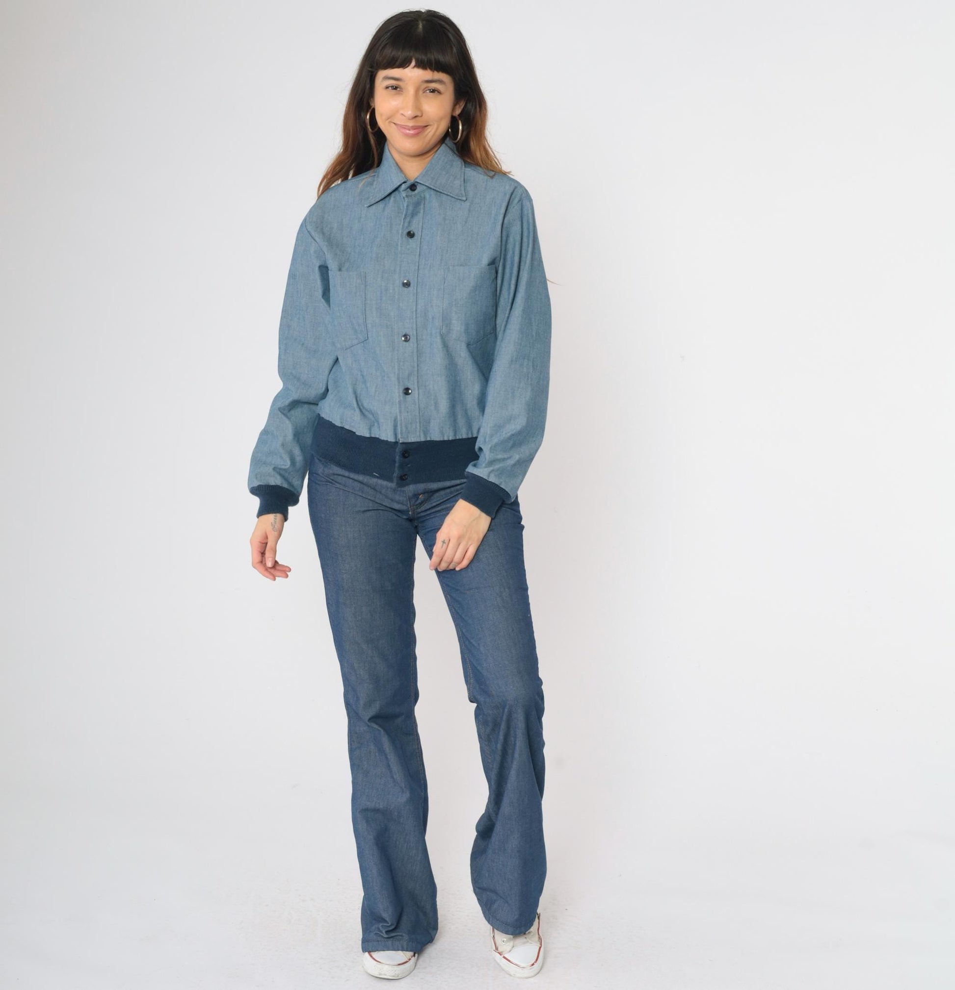 70s H.I.S Chambray Work Jacket Blue Button Up Utility Shirt Medium