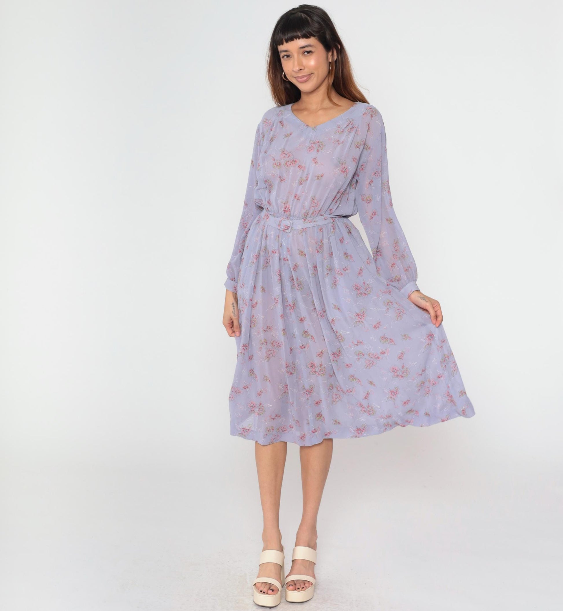 80s Lavender Floral Midi Dress High Waist Long Sleeve V-Neck Small Medium