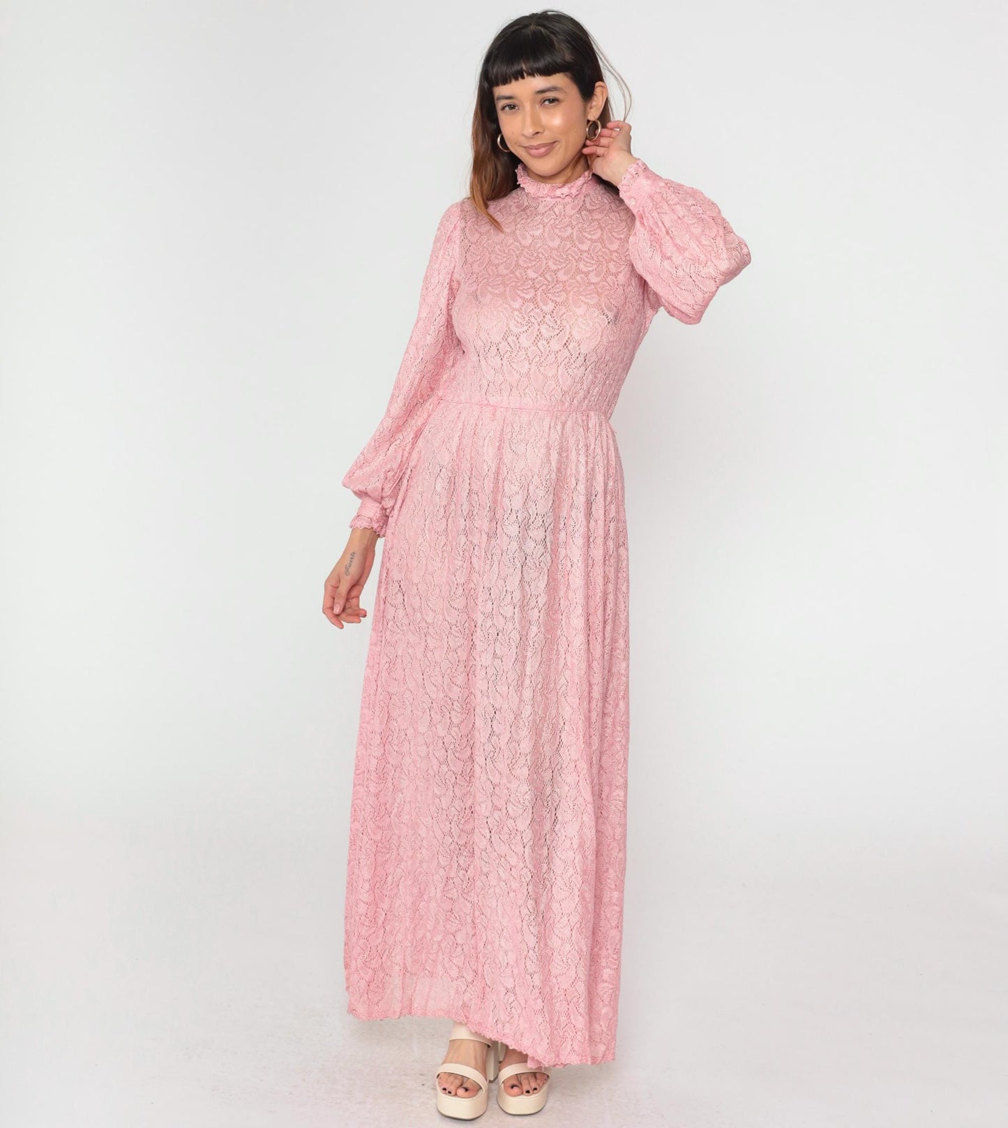 70s Pink Lace Maxi Dress Bishop Sleeve High Waist Button Back Small Medium