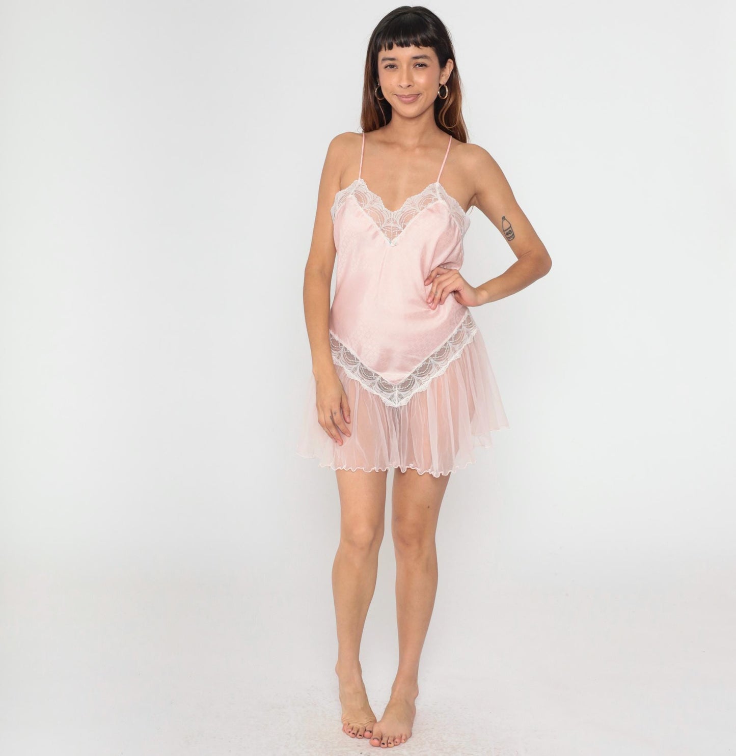 80s Jaclyn Smith Pink Jacquard Babydoll Slip Dress Lace Trim Mini Medium M