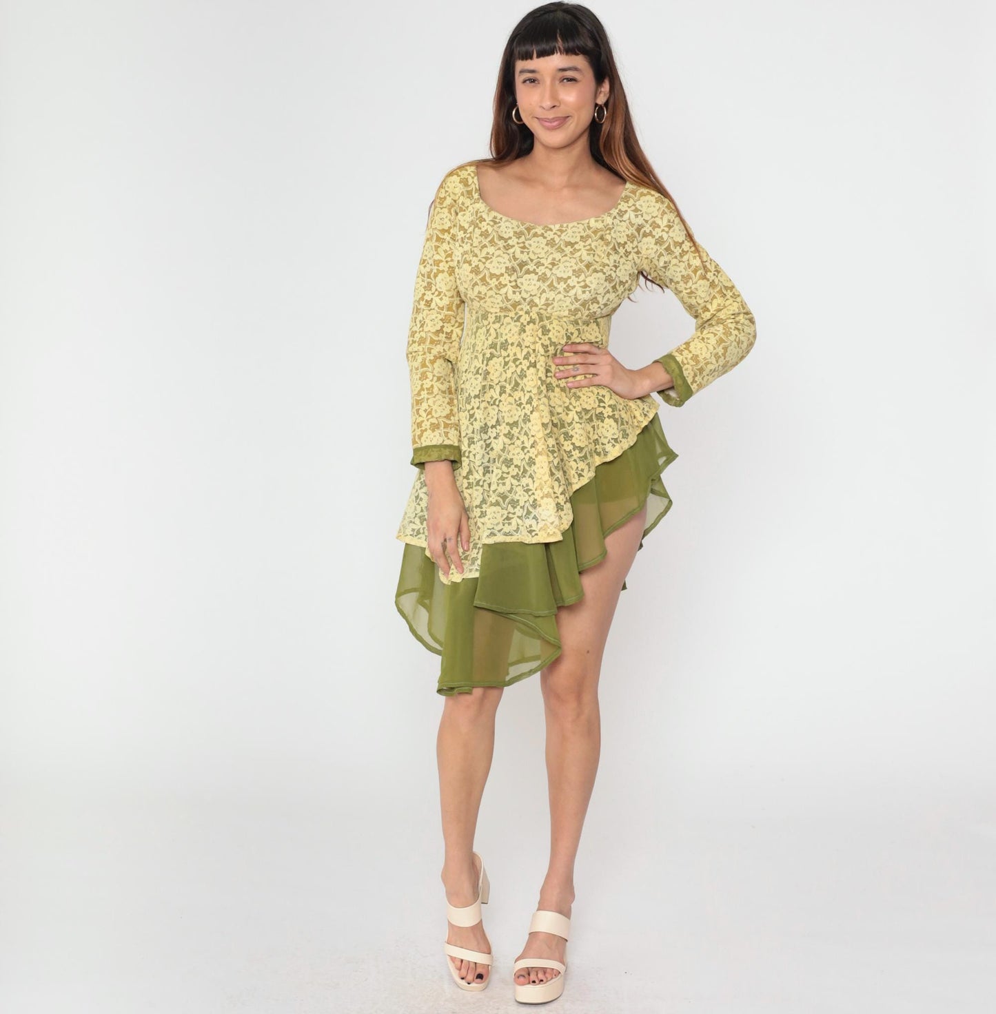 60s Yellow Lace Dress Green Sheer Empire Waist Asymmetrical Hem Small Medium