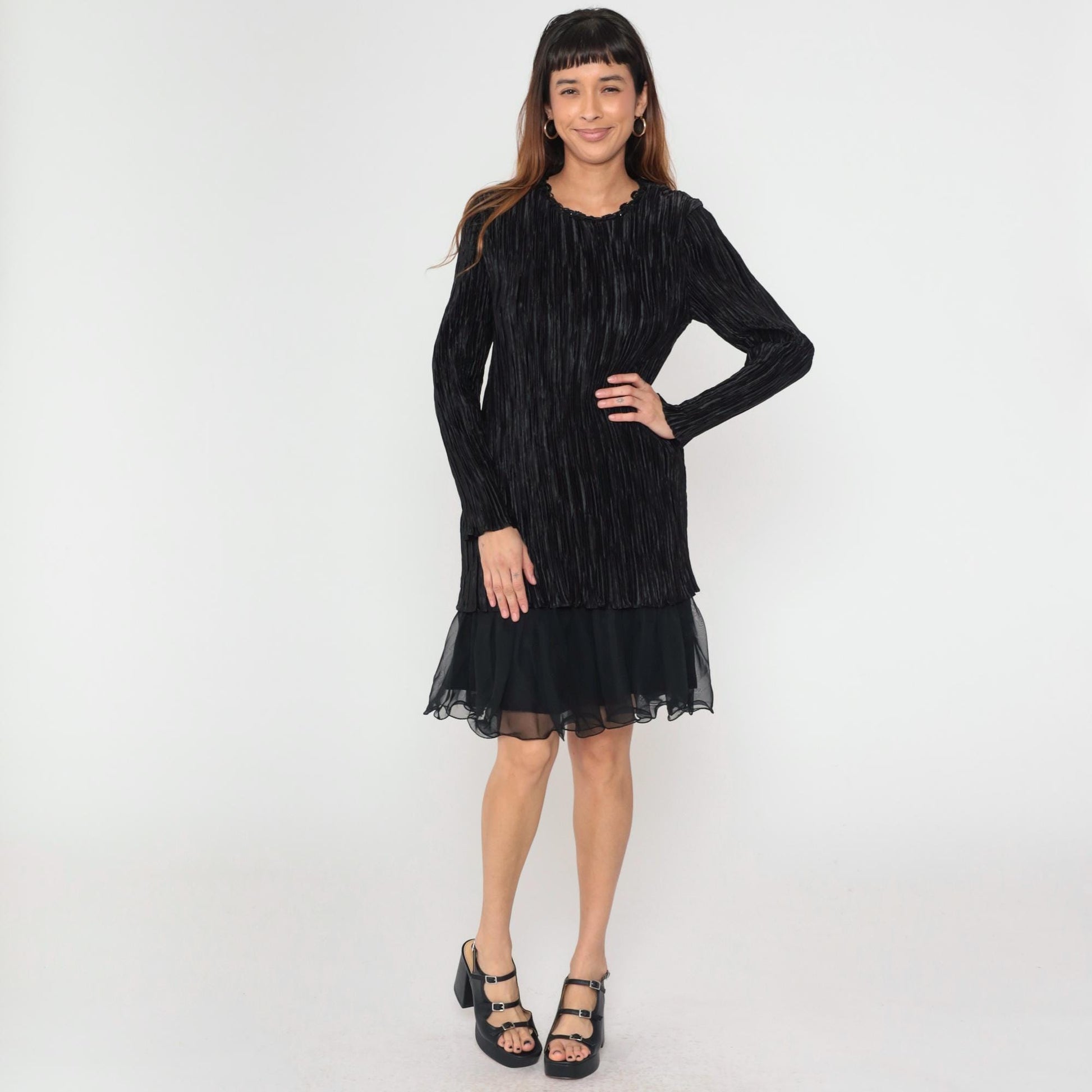 80s Black Crinkle Pleat Dress Sequin Trim Long Sleeve Chiffon Ruffle Cocktail Medium