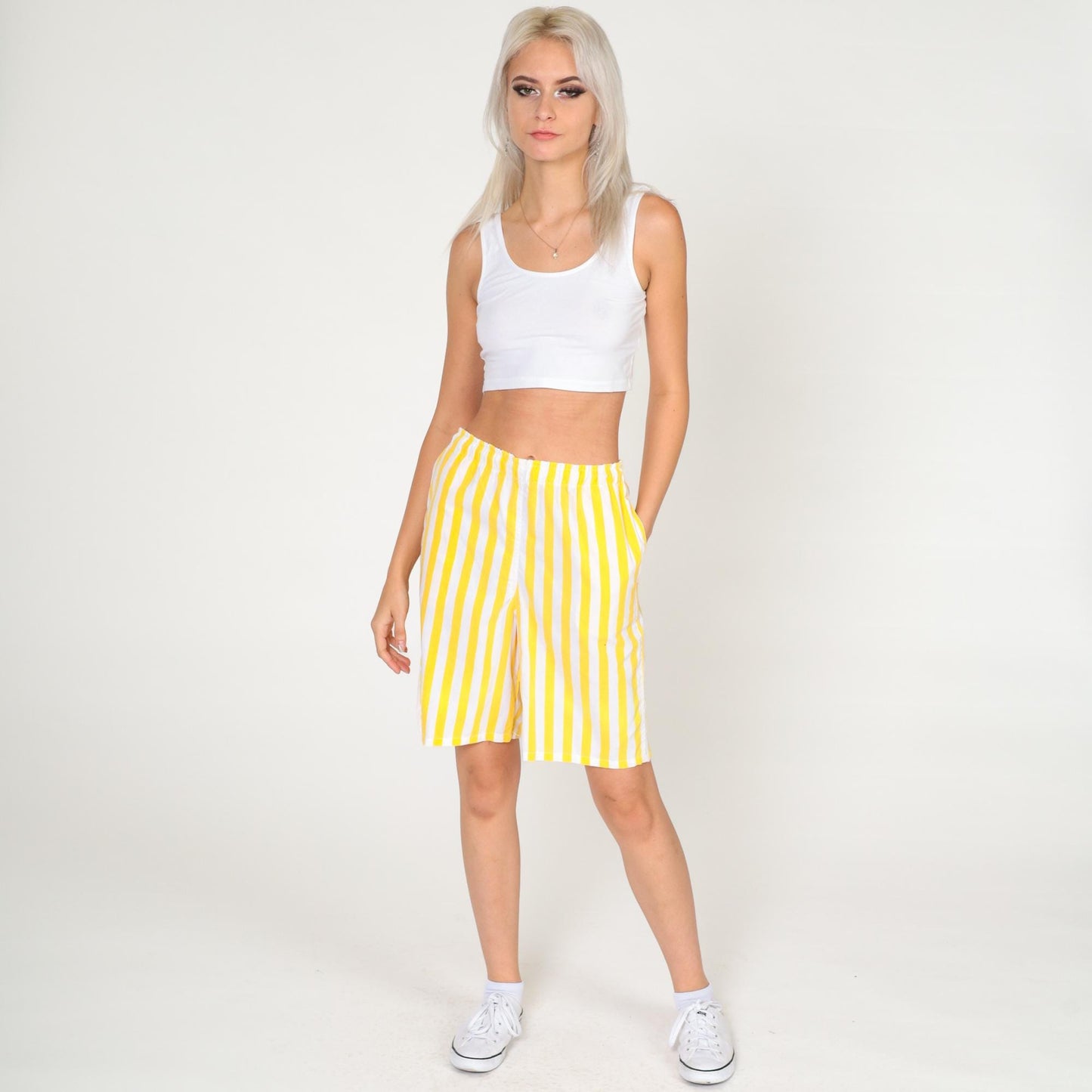 90s Sportego Striped Bermuda Shorts Yellow White Elastic Waist Small