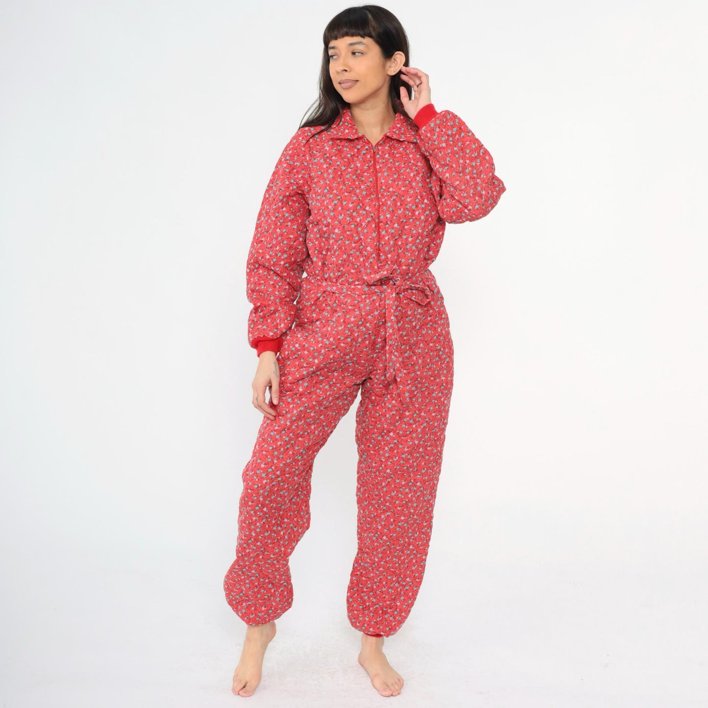80s G. Caserotti Quilted Floral Jumpsuit Red Calico Raglan Pajama Medium Large
