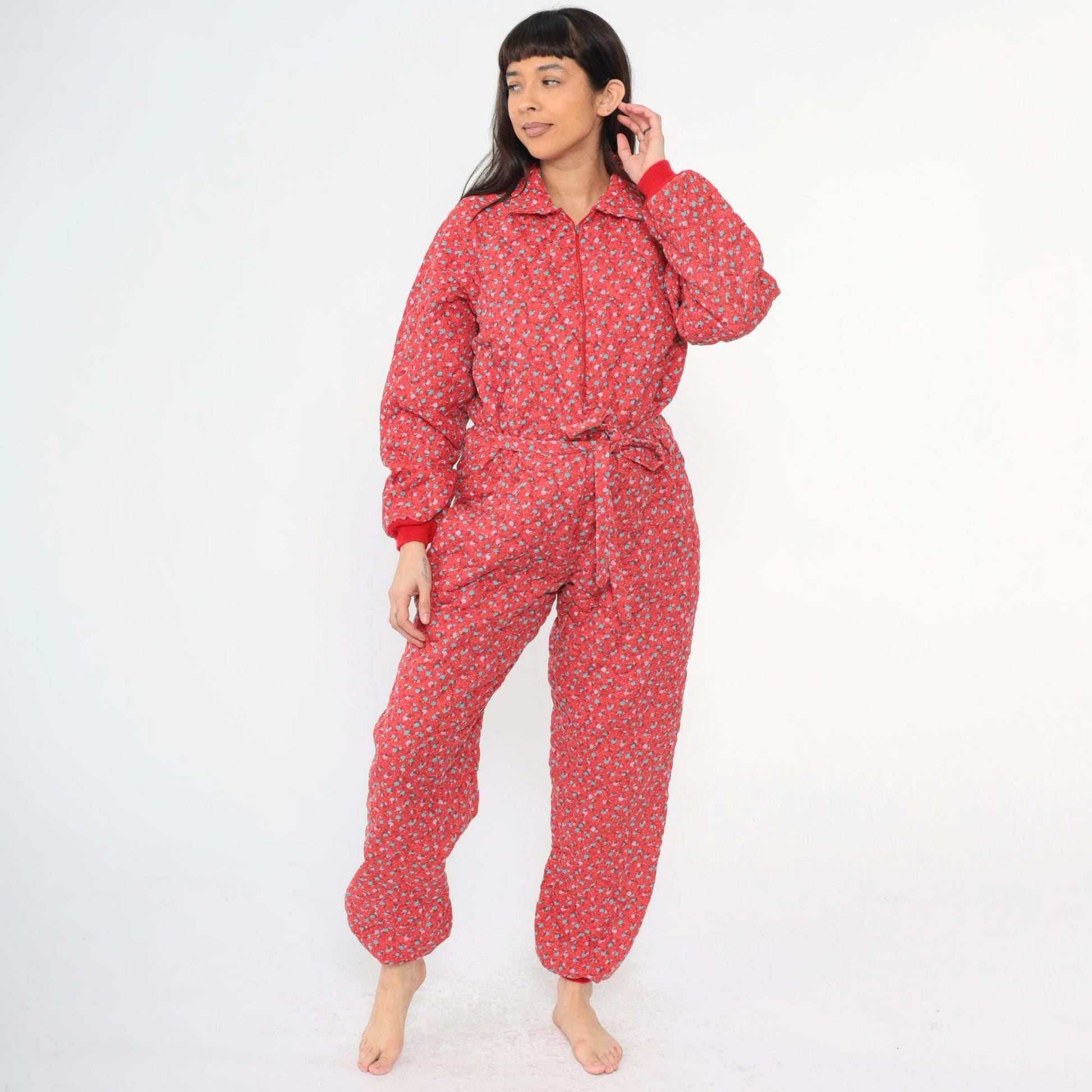 80s G. Caserotti Quilted Floral Jumpsuit Red Calico Raglan Pajama Medium Large