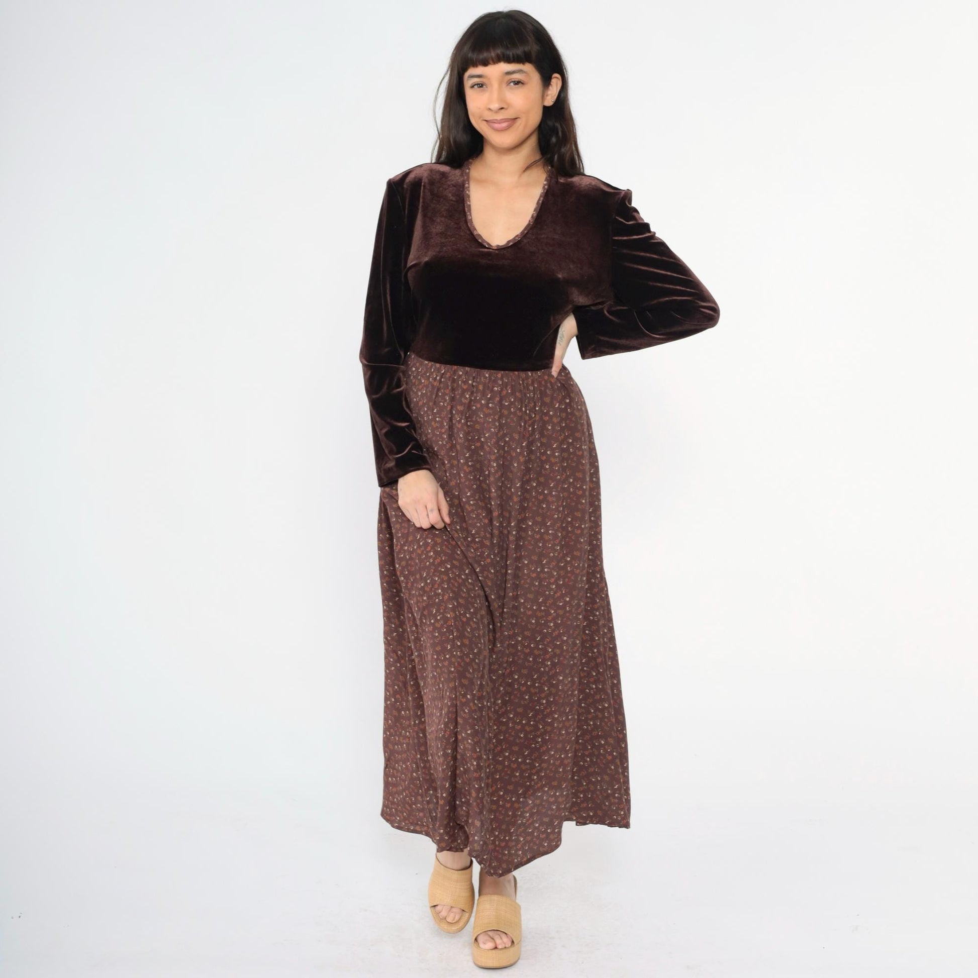 90s Zoe California Floral Velvet Maxi Dress Brown Scoop Neck High Waist Extra Large