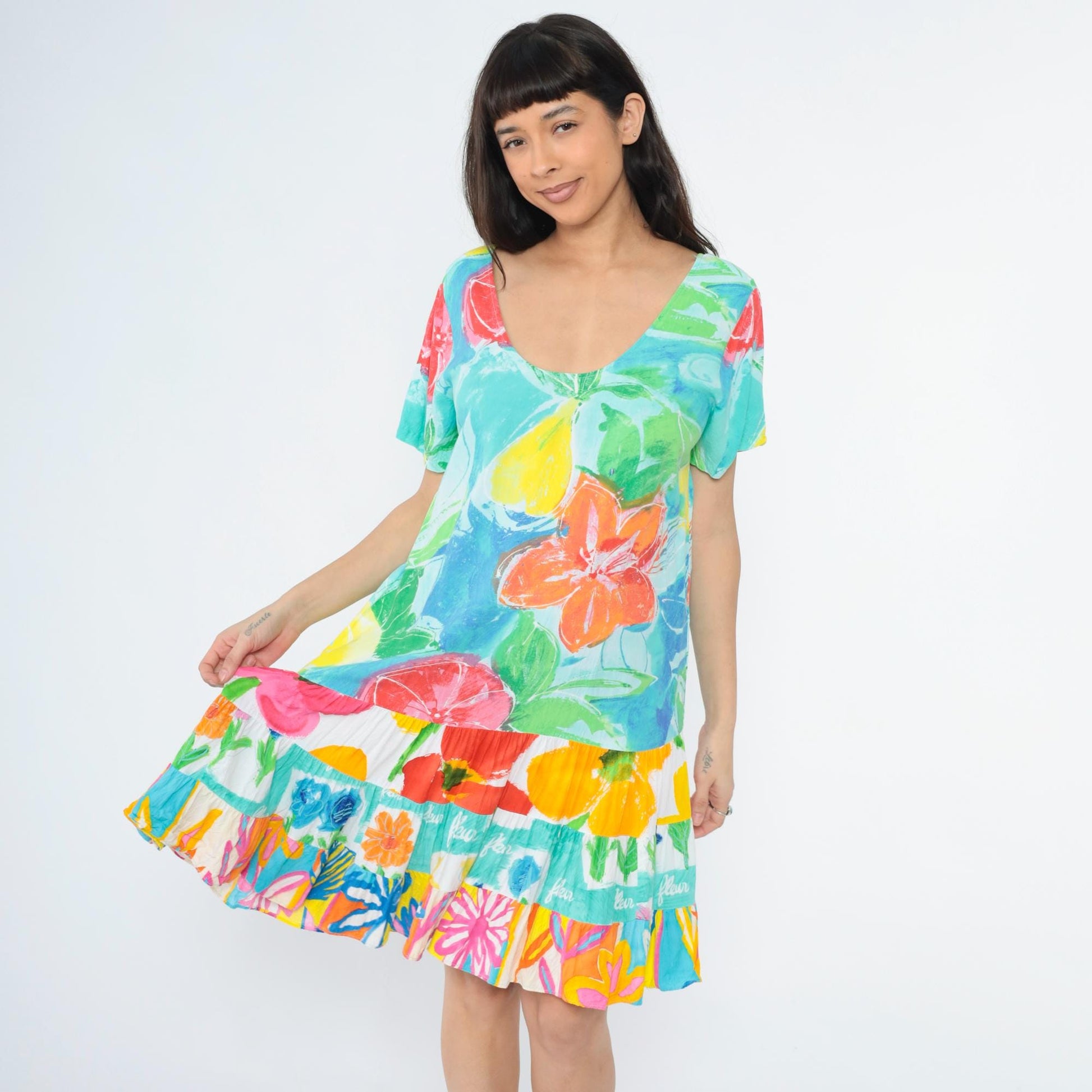 Jams World Tropical Watercolor Floral Dress Scoop Neck Tiered Skirt Extra Large