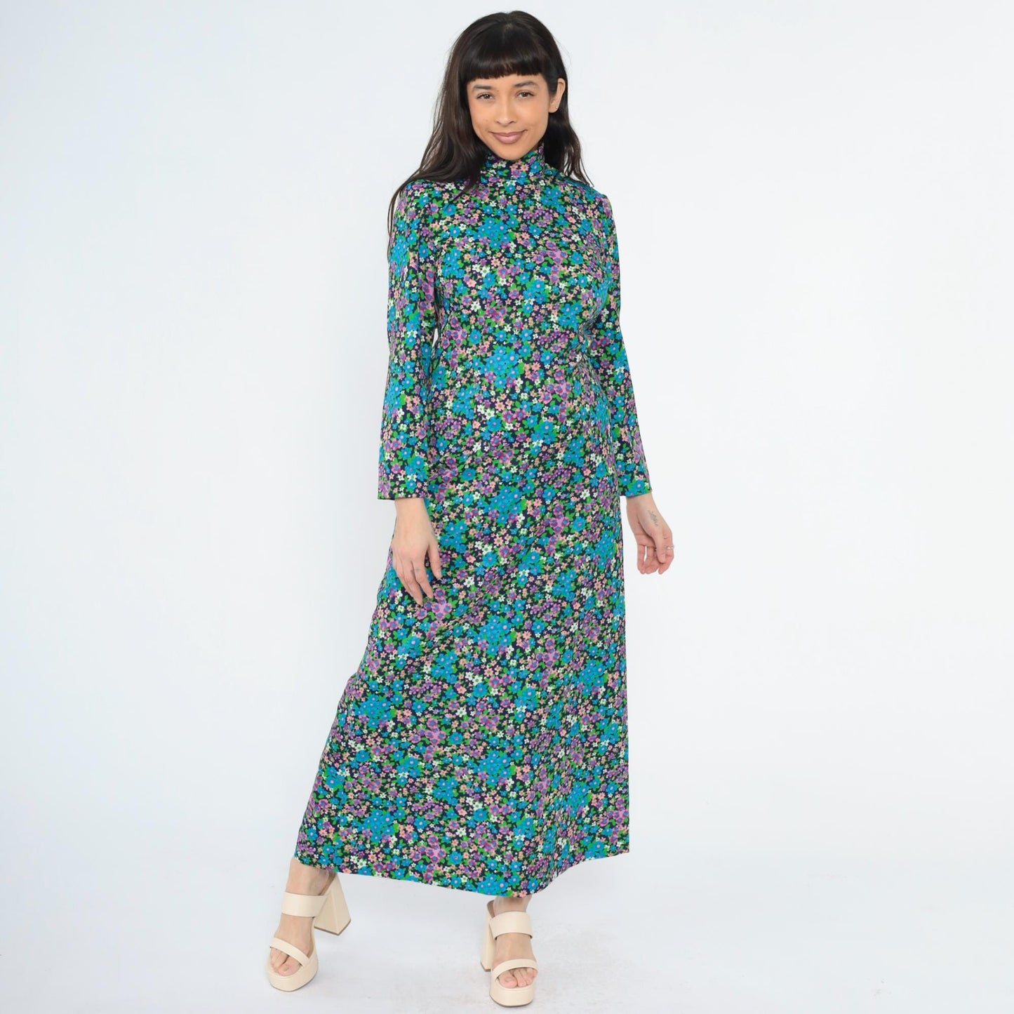 70s Blue Floral Maxi Dress Mock Neck Long Sleeve Princess Seams Small S