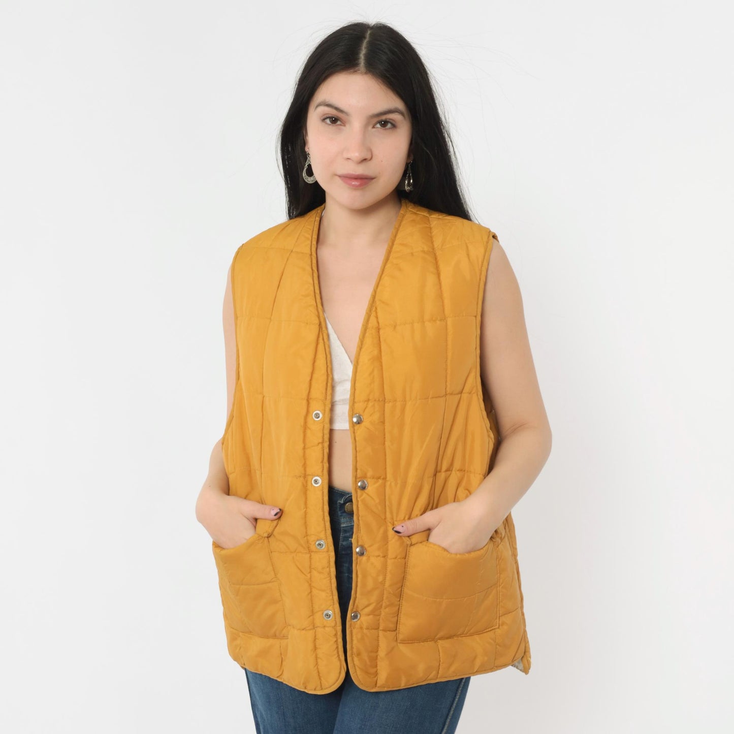 70s Western Trails Mustard Puffer Vest Quilted Faux Sherpa Lined Snap Medium
