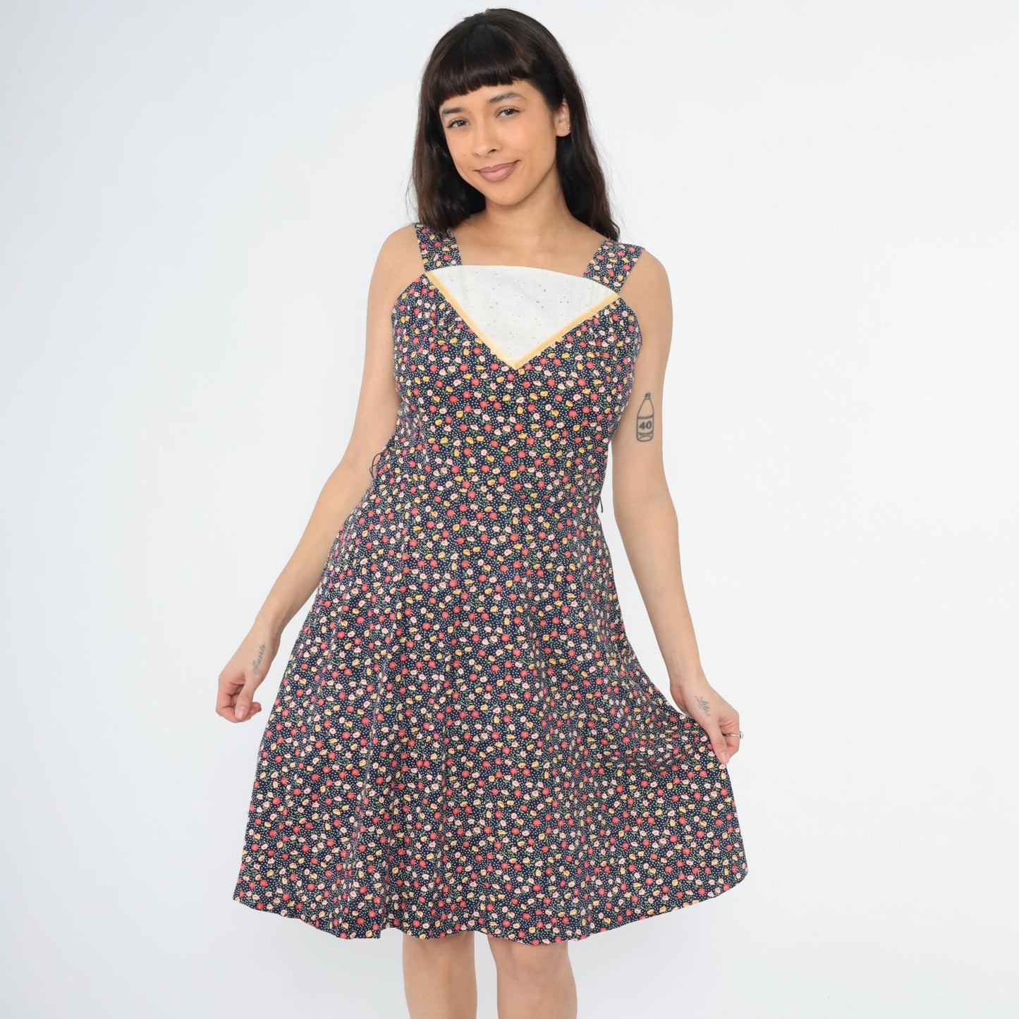 70s Navy Floral A-Line Dress Eyelet Lace Inset Sleeveless Knee Small