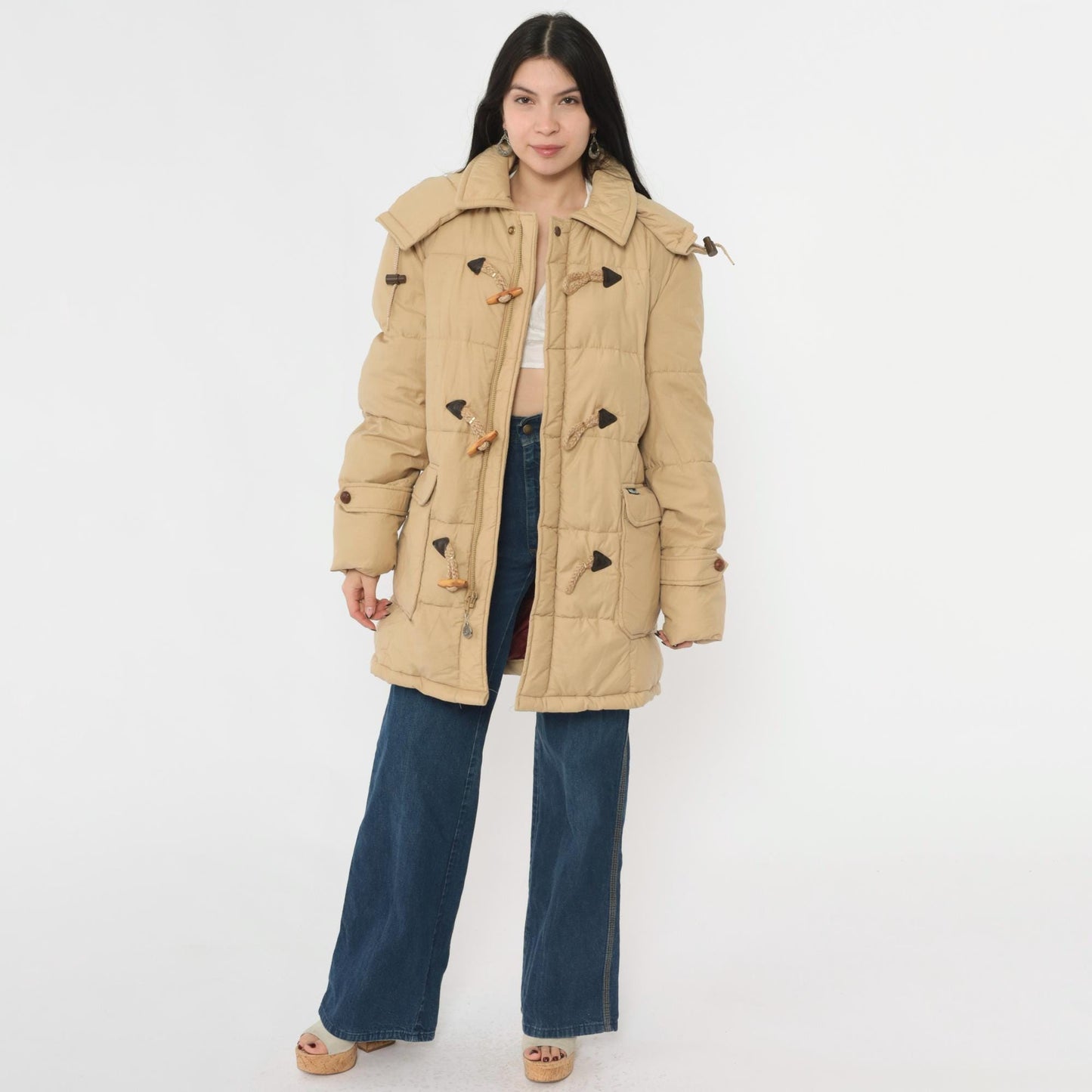 80s Tan Duffle Parka Hooded Toggle Coat Men's Medium