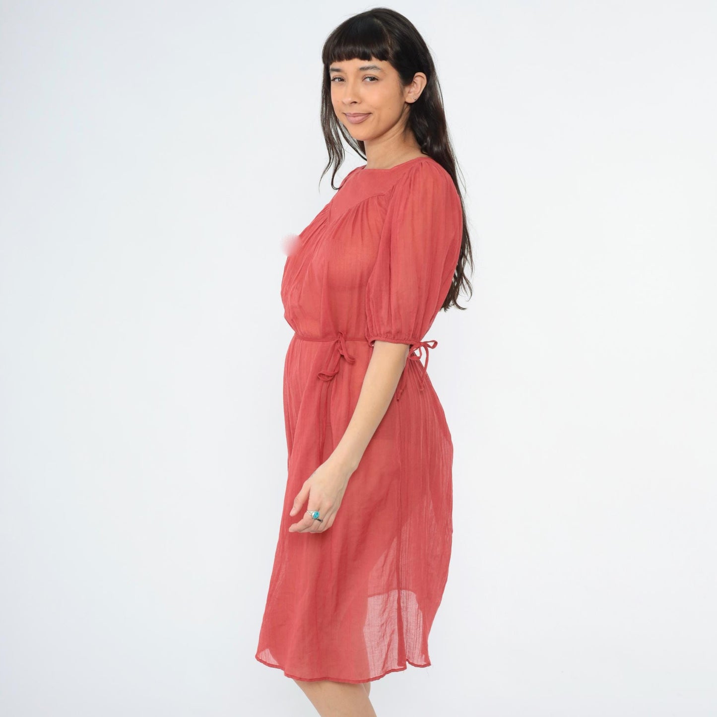 70s Red Cotton Gauze Trapeze Dress Puff Sleeve Midi Small Medium